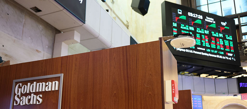 A photo of the Goldman Sachs logo at the New York Stock Exchange
