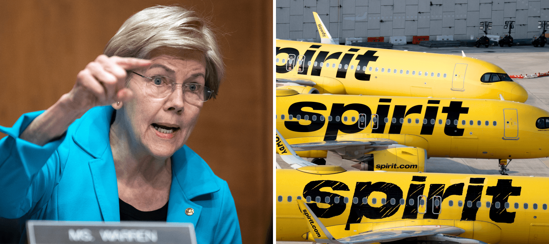 A split image of Elizabeth Warren and several Spirit aircraft