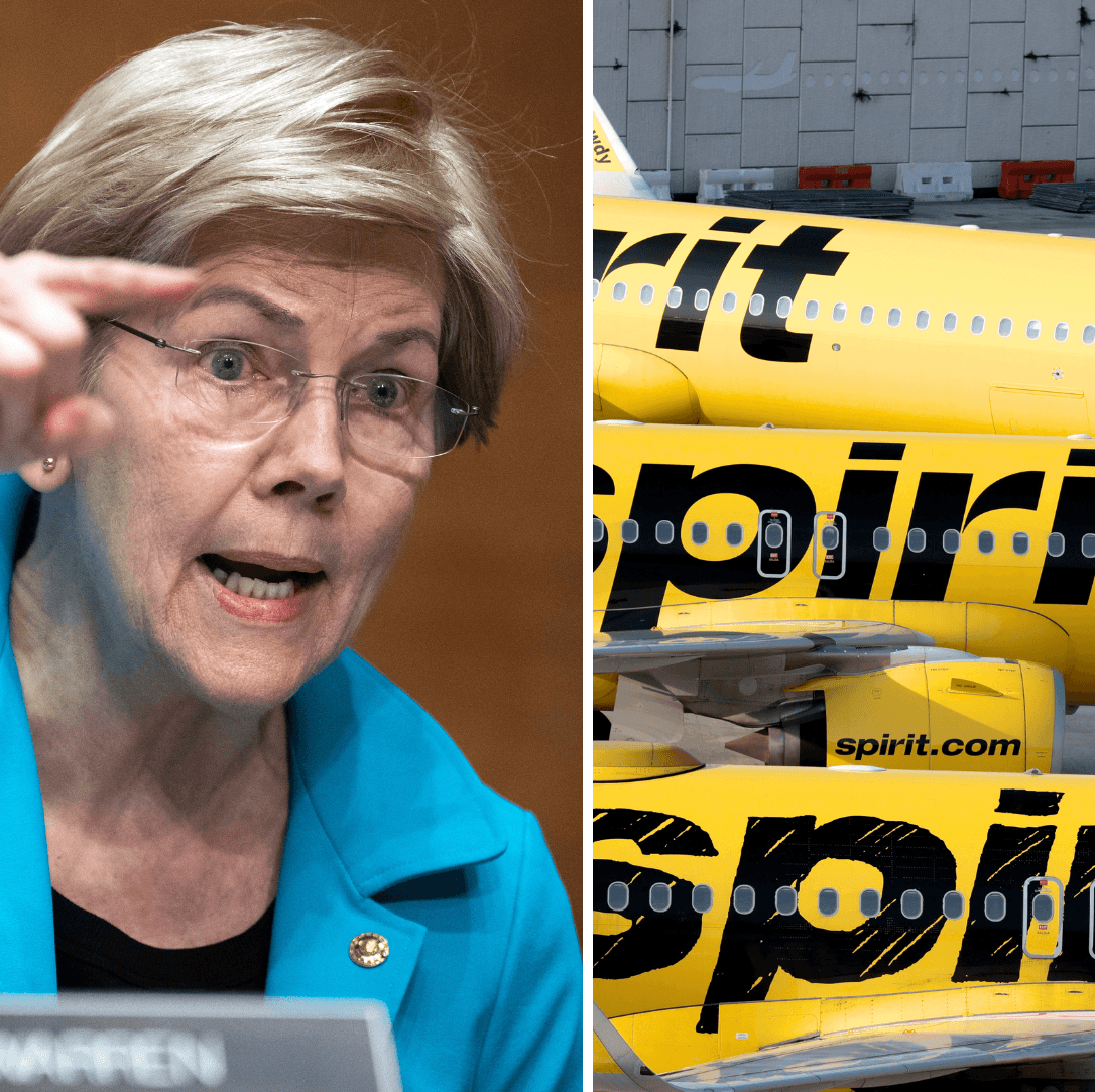 A split image of Elizabeth Warren and Spirit Airlines planes