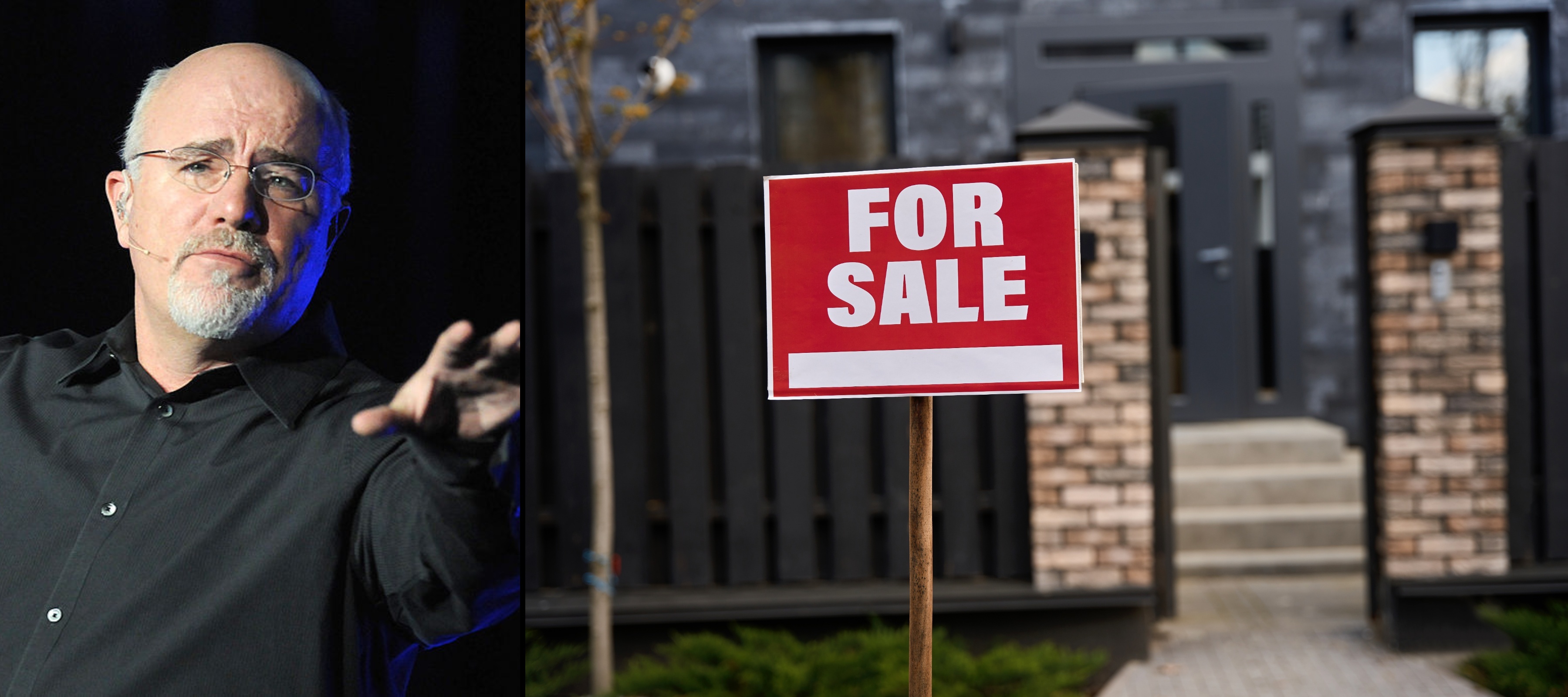 A split image of Dave Ramsey and a house for sale