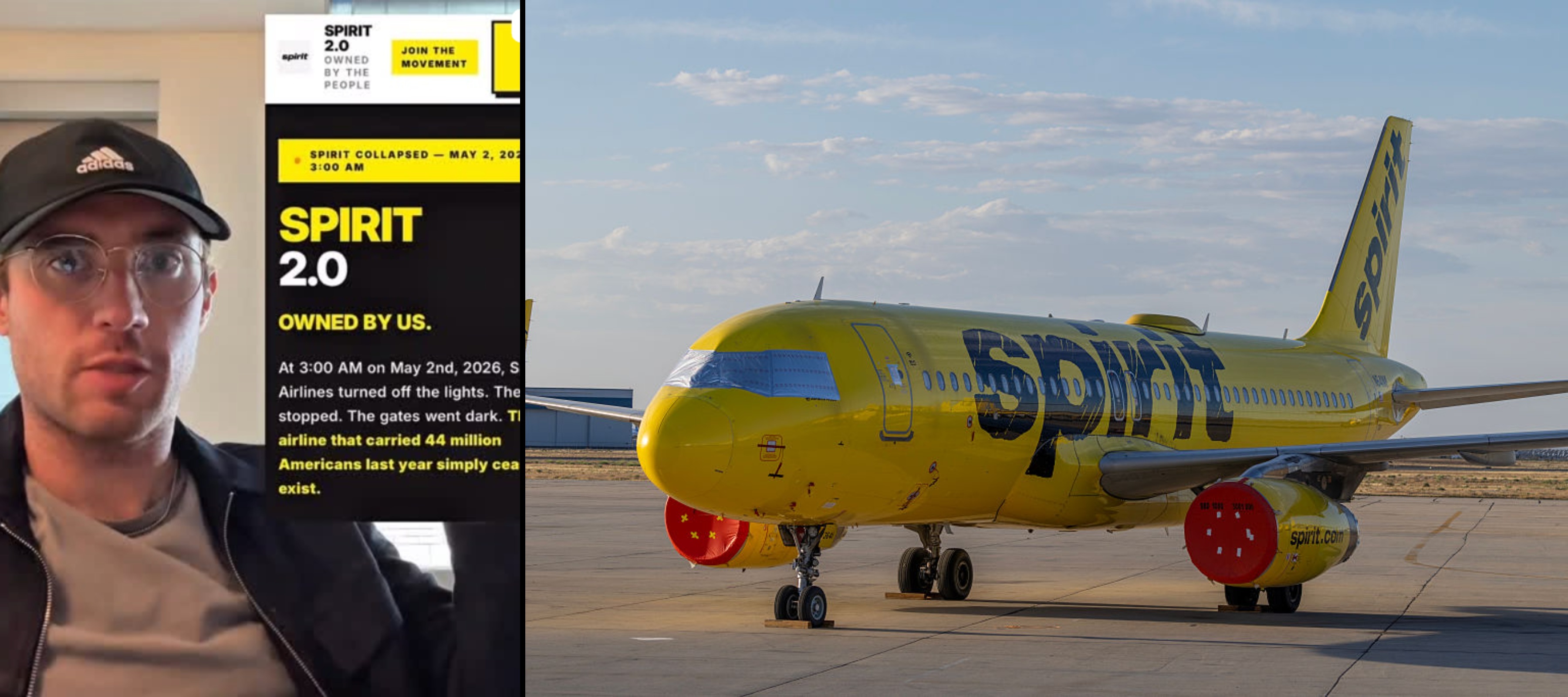 A split image of TikToker Hunter Peterson (left) and a Spirit Airlines plane (right)