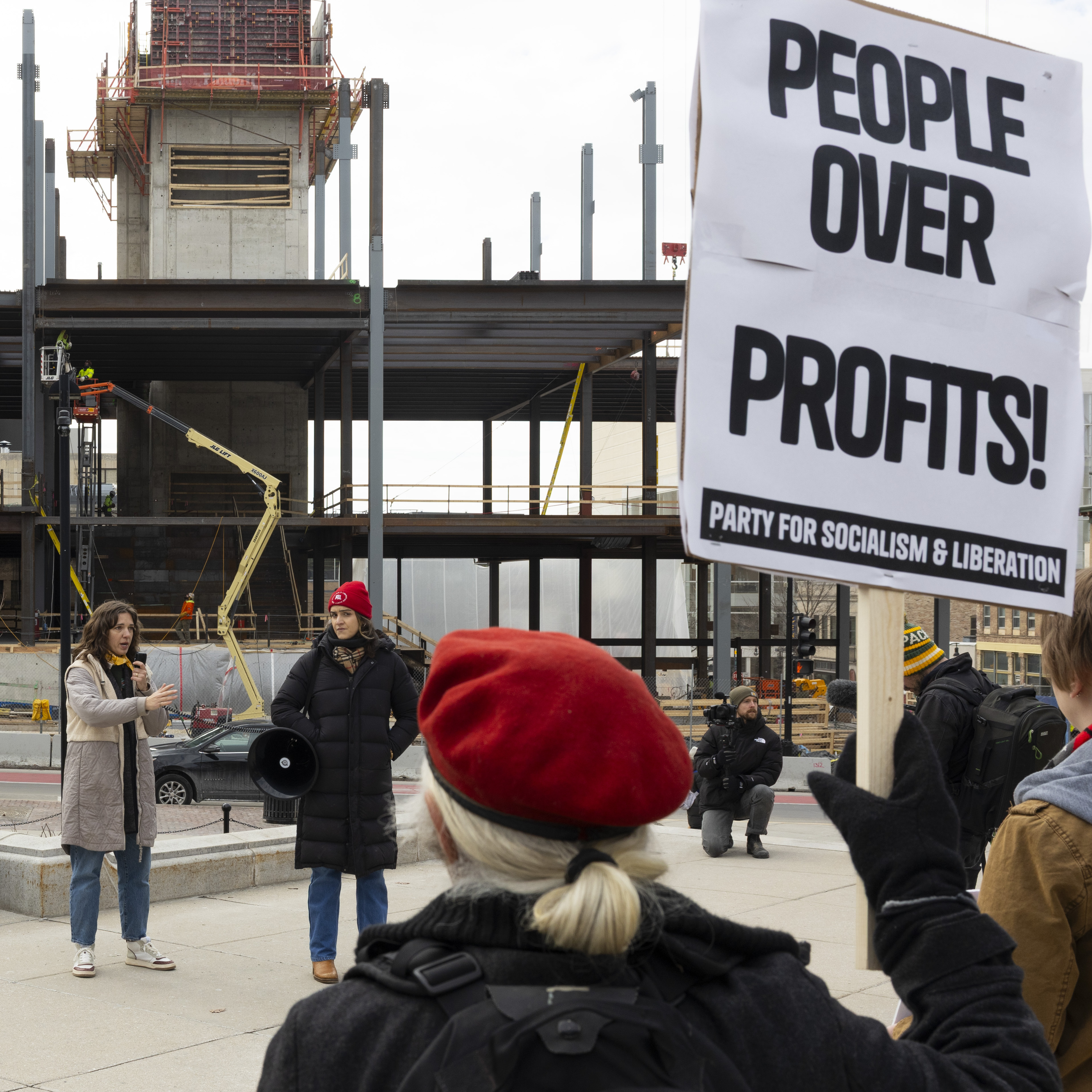Protesters gather for a statewide data center day of action at the Wisconsin State Capitol.