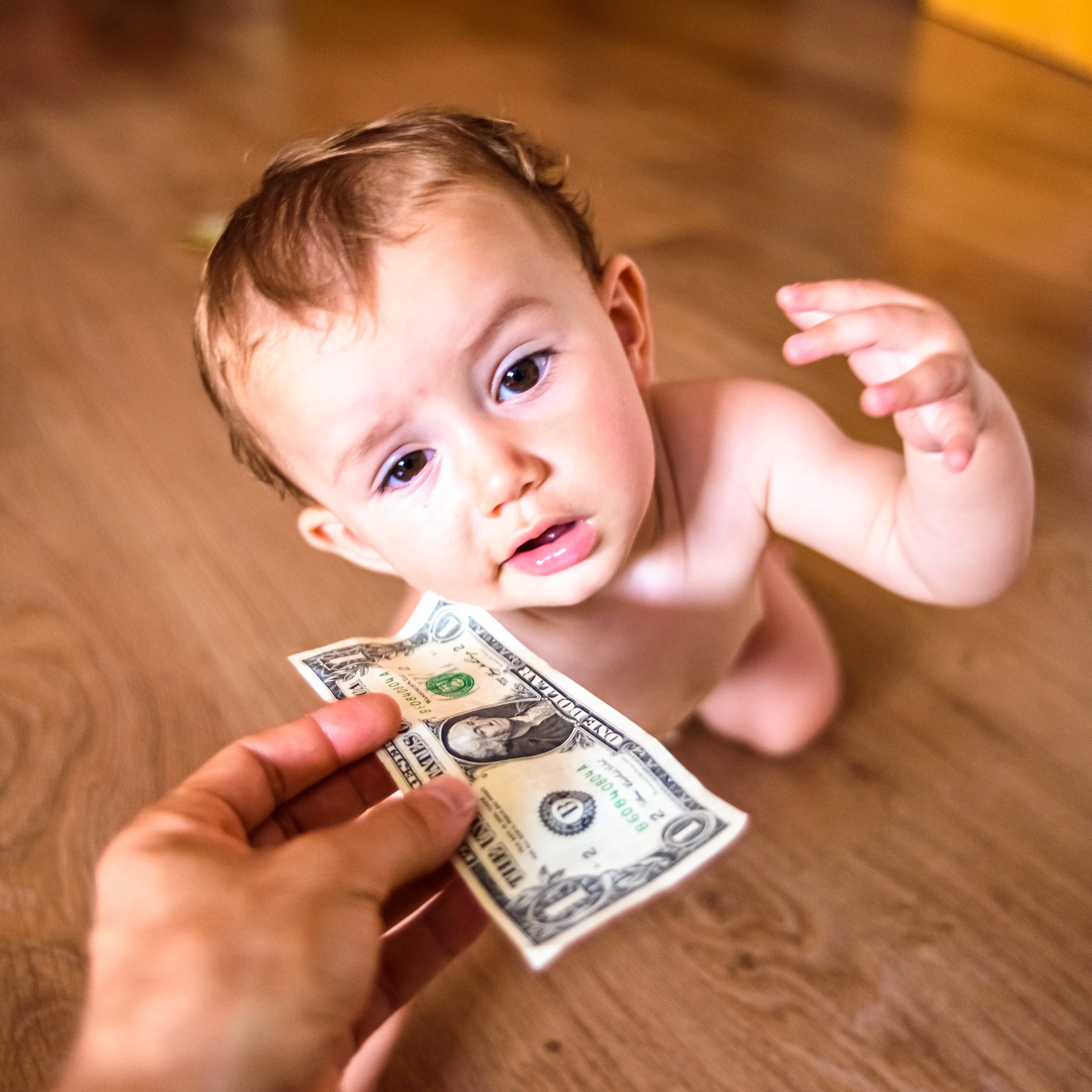 A toddler is the primary focus of this low angle shot, reaching for a dollar bill held out of frame.