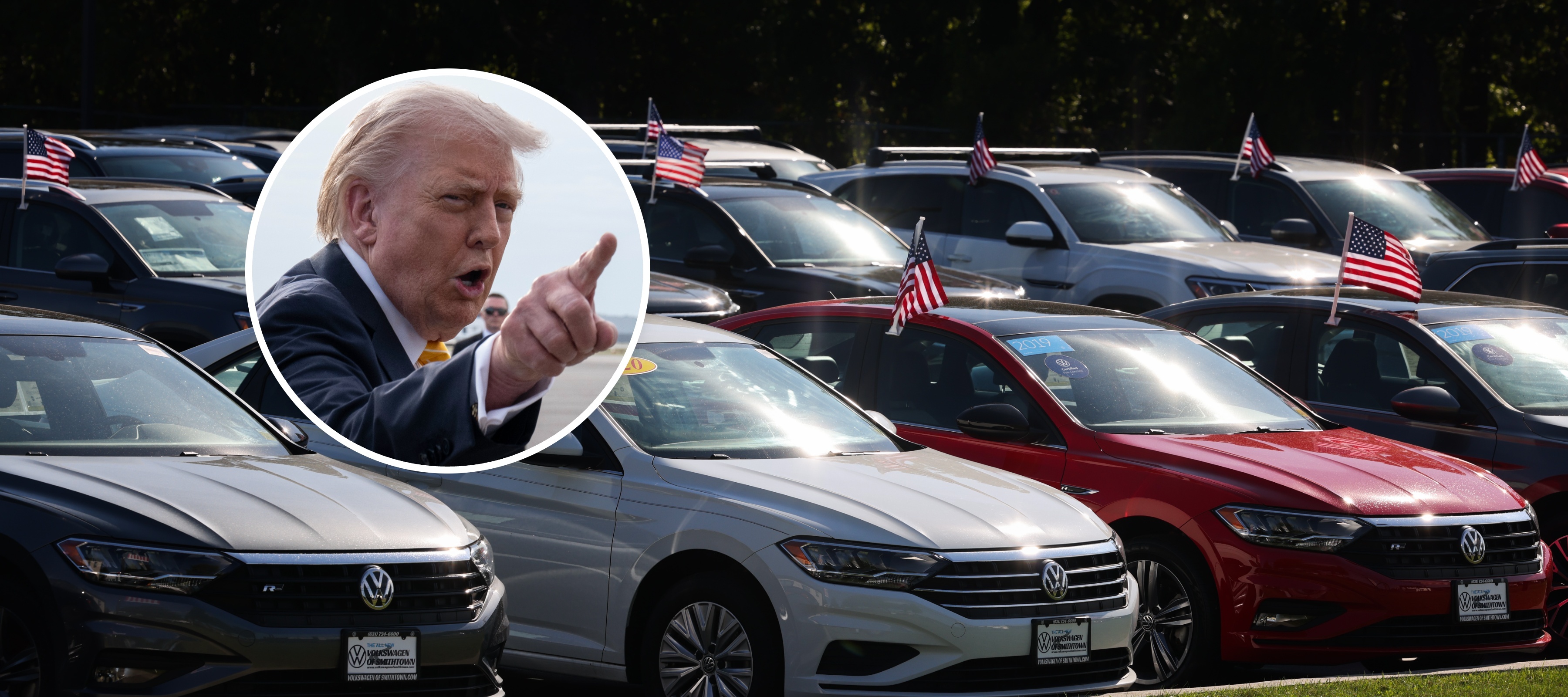 Volkswagen cars sit in a lot with a bubble overlay of Donald Trump wagging a finger