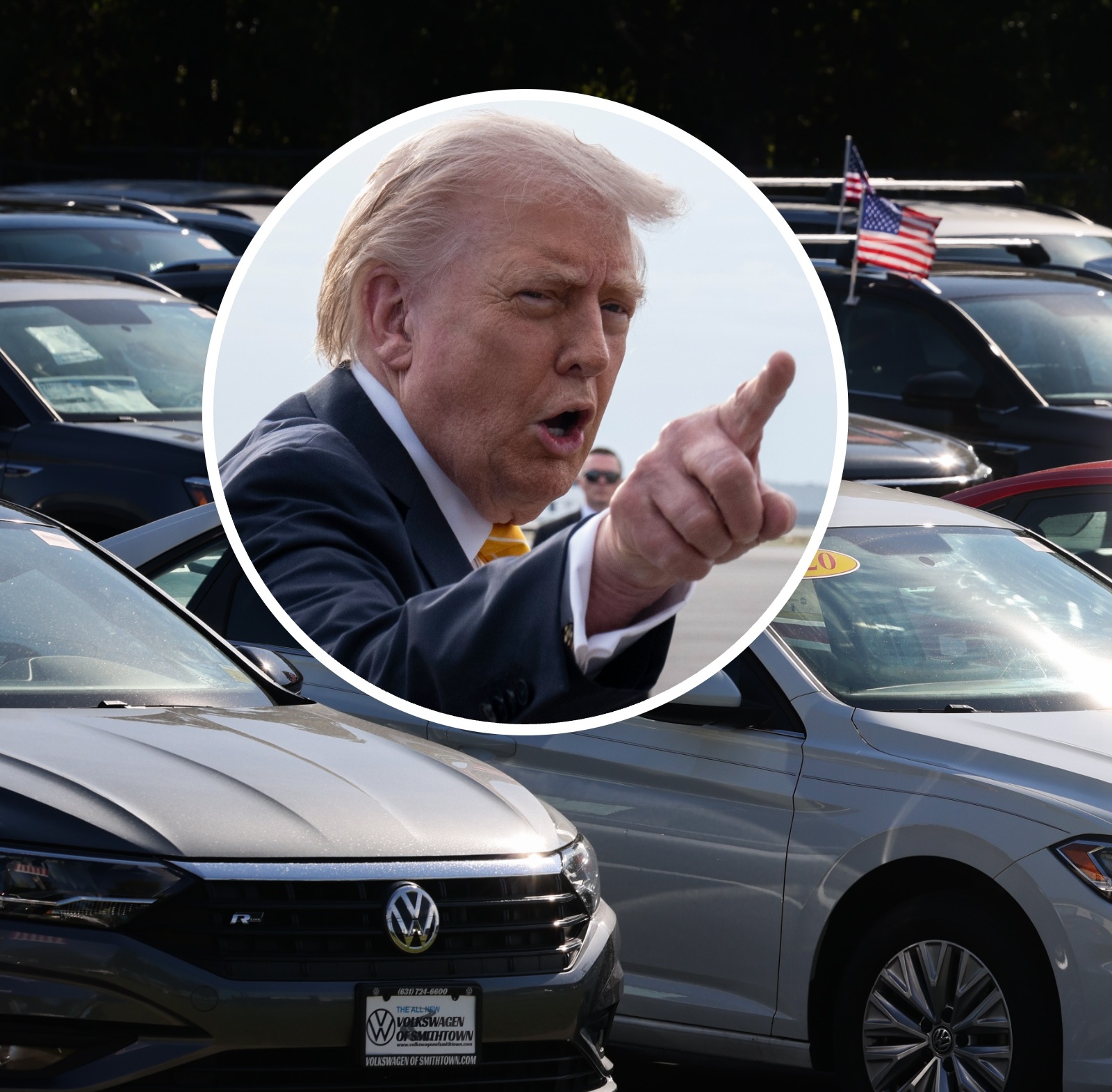 Volkswagen cars sit in a lot with a bubble overlay of Donald Trump wagging a finger