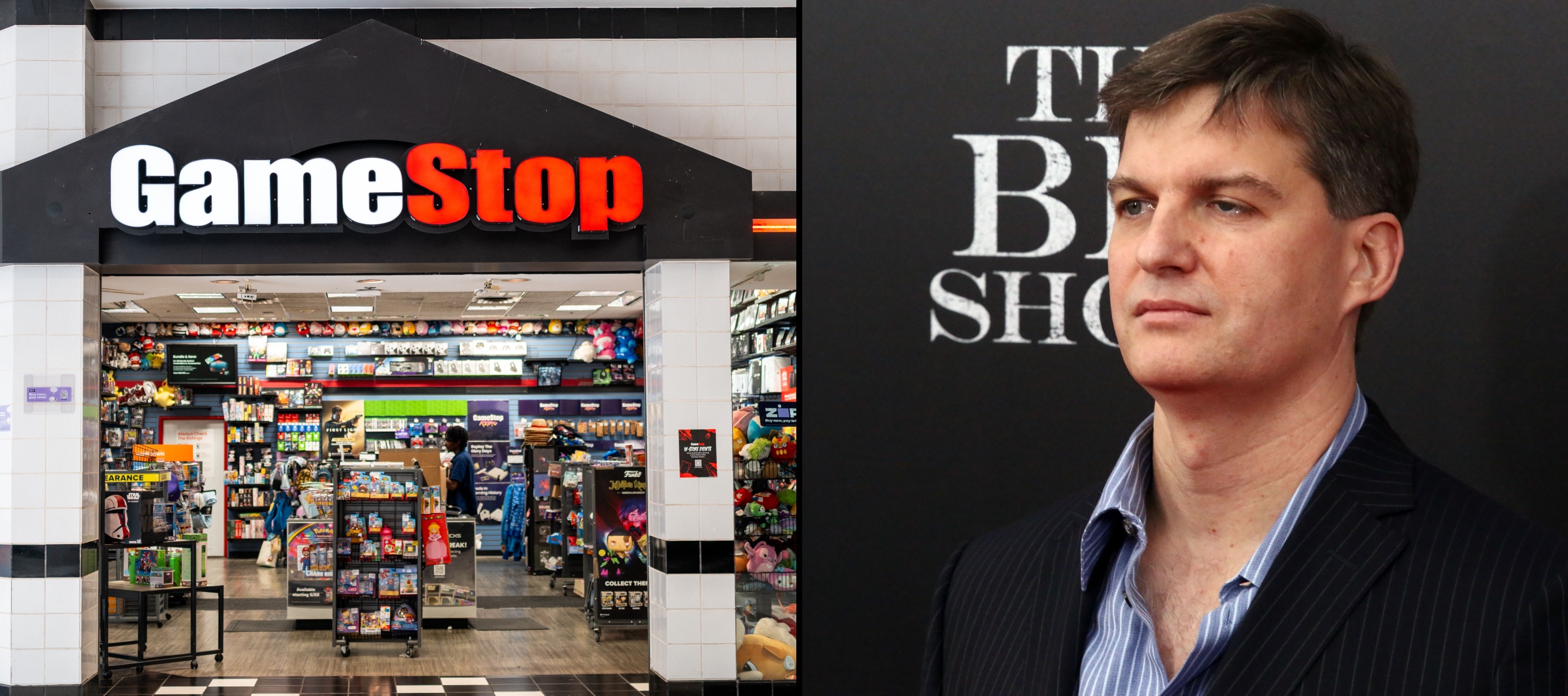 Left: Gamestop storefront Right: Michael Burry attends "The Big Short" New York screening