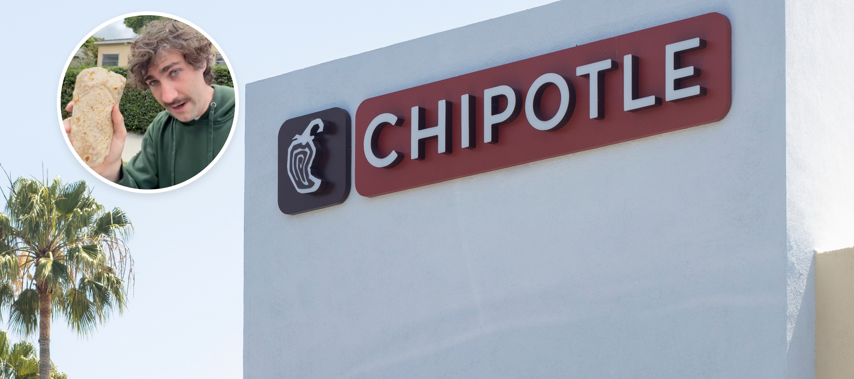 L: Man on TikTok holds up burrito from Chipotle, R: Exterior of Chipotle restaurant