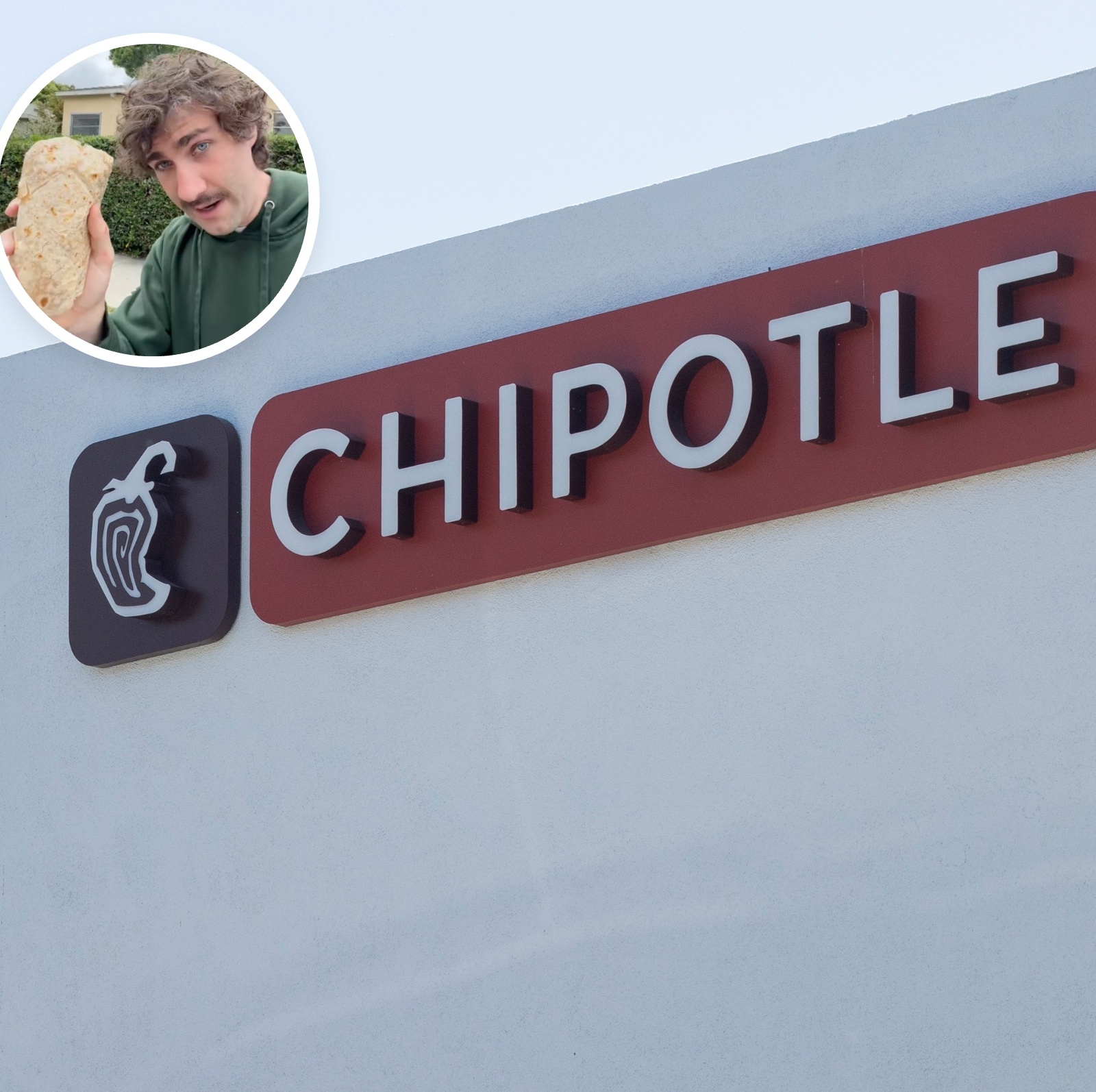 L: Man on TikTok holds up burrito from Chipotle, R: Exterior of Chipotle restaurant