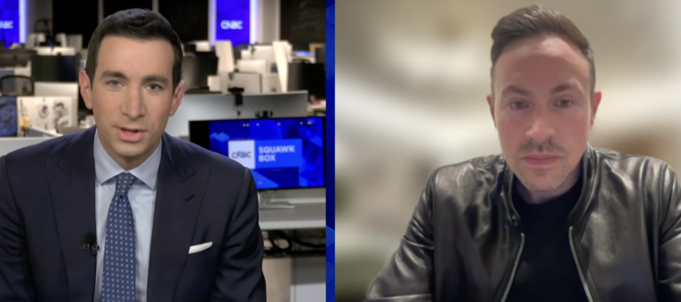 Andrew Ross Sorkin interviews Gamestop CEO Ryan Cohen in a side-by-side image that aired on CNBC Squawk Box.