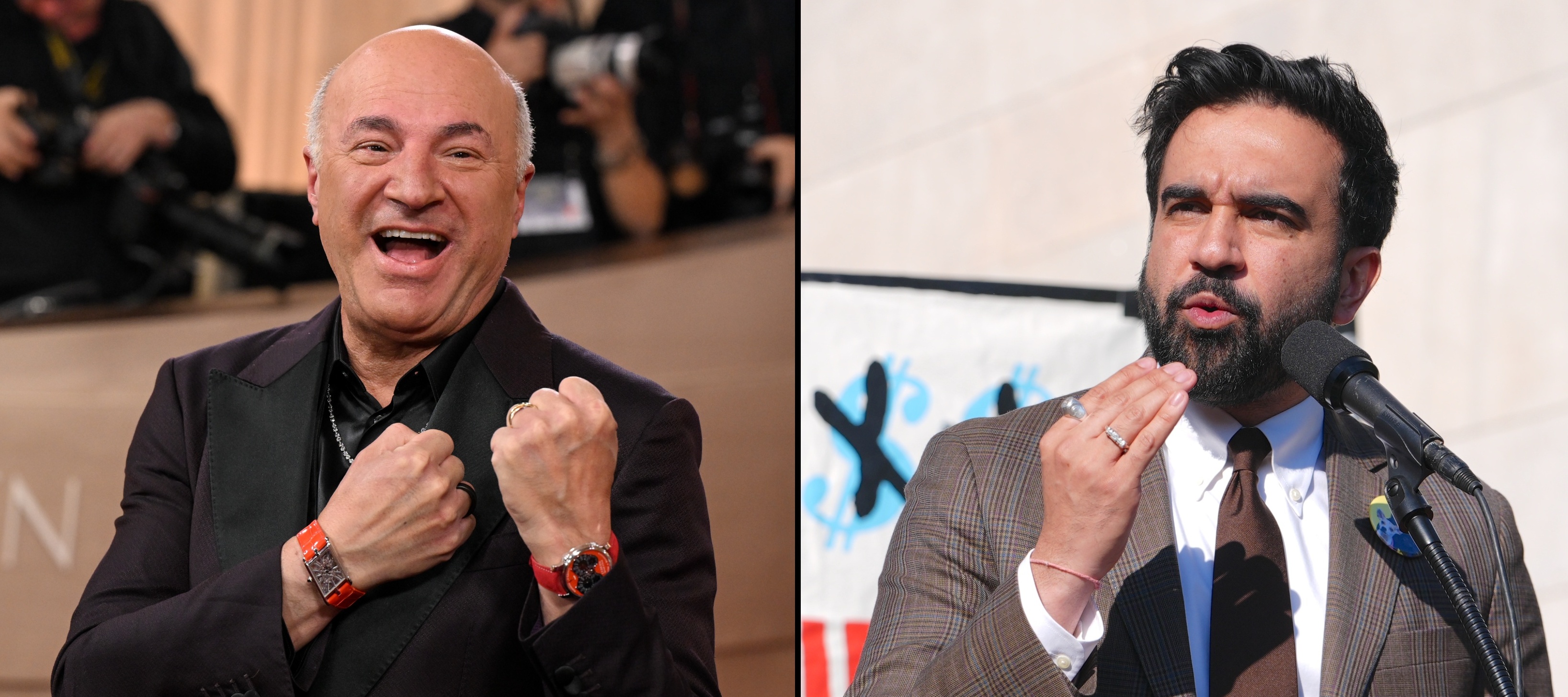 A compilation image of Shark Tank star Kevin O'Leary and NYC mayor Zohran Mamdani.