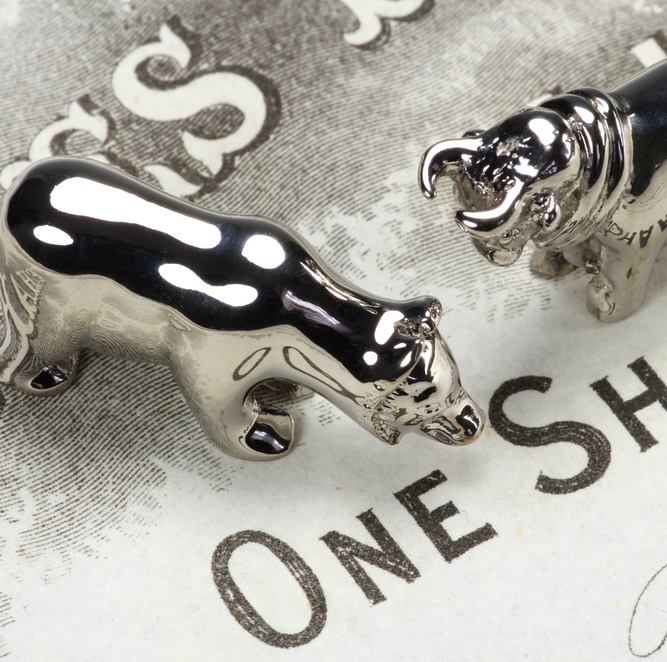 Photo of a stock share and bull and bear