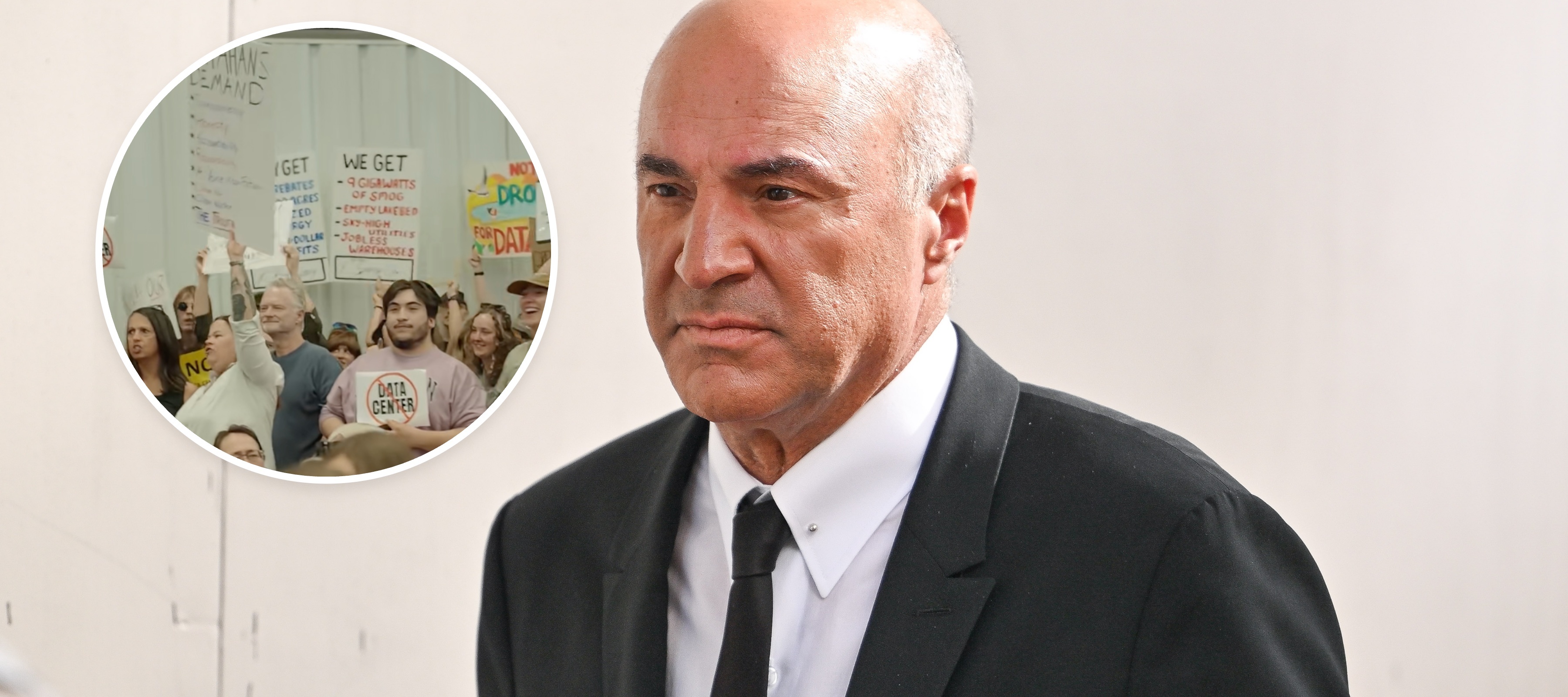 L: People protest data centers in Utah, R: Kevin O'Leary in NYC