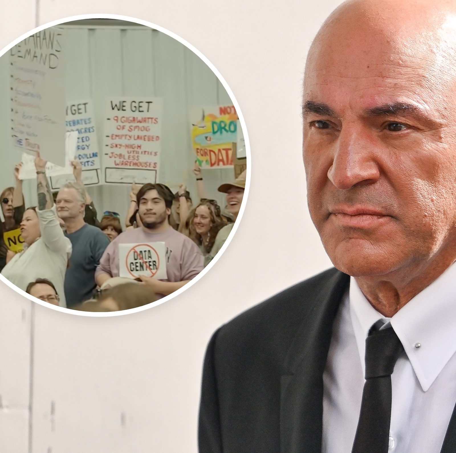 L: People protest data centers in Utah, R: Kevin O'Leary in NYC