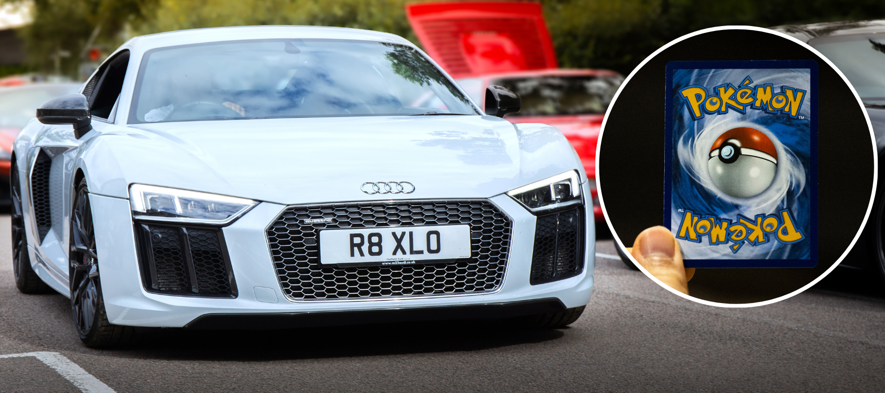 An image of the luxury Audi R8 alongside a bubble that contains an image of the back of a Pokémon card.