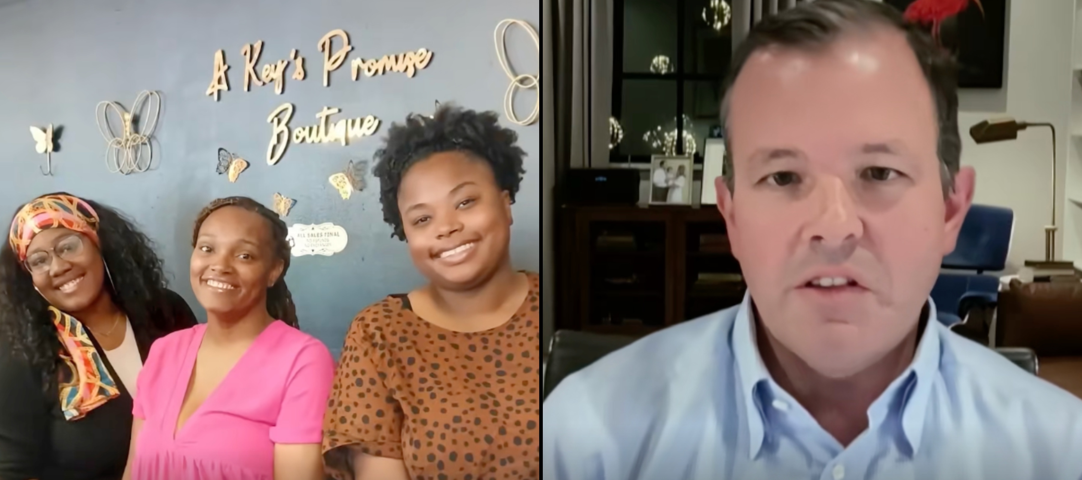 L: Workers at Lesia Key's boutique, R:Graham Walker talks to NBC