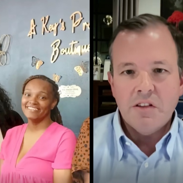 L: Workers at Lesia Key's boutique, R:Graham Walker talks to NBC
