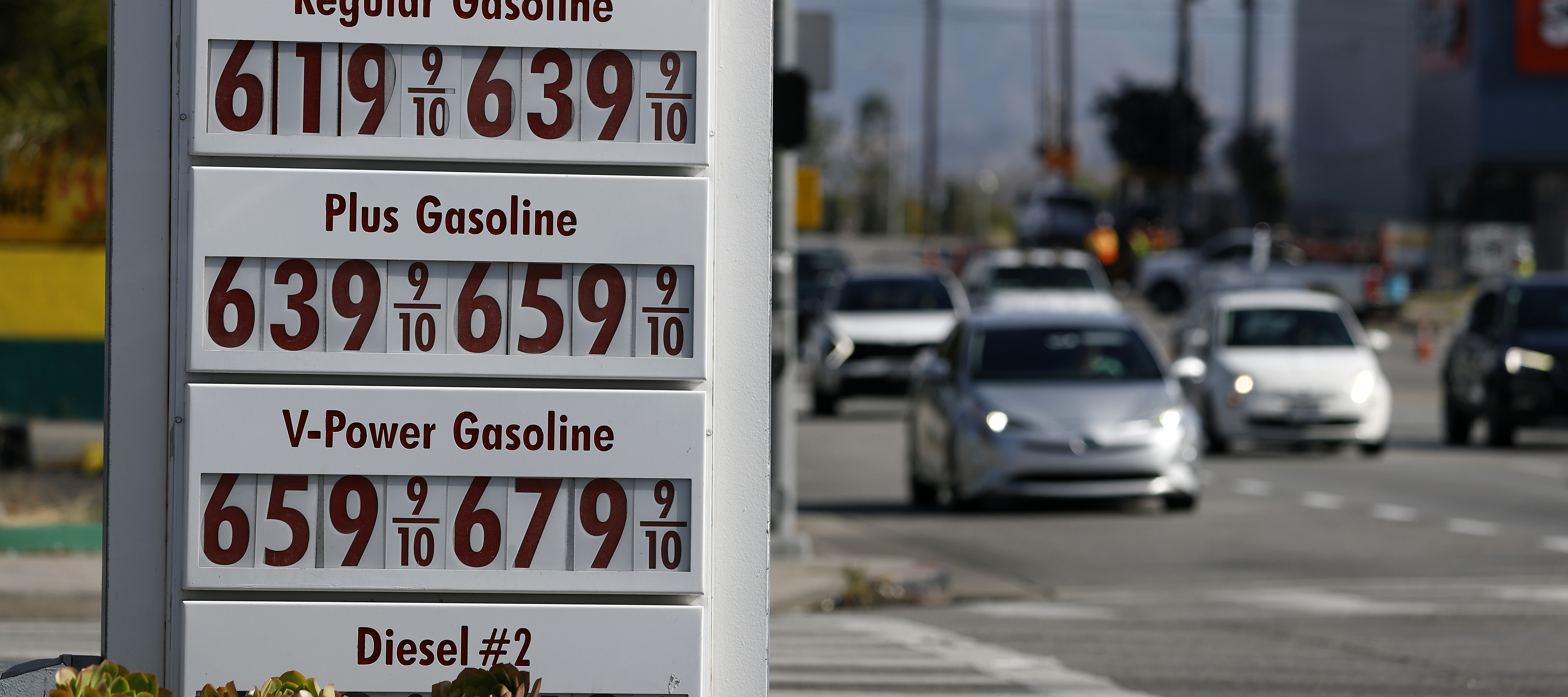 Gas prices over $6 a gallon are displayed at a Shell station on May 04, 2026 in Los Angeles, California.