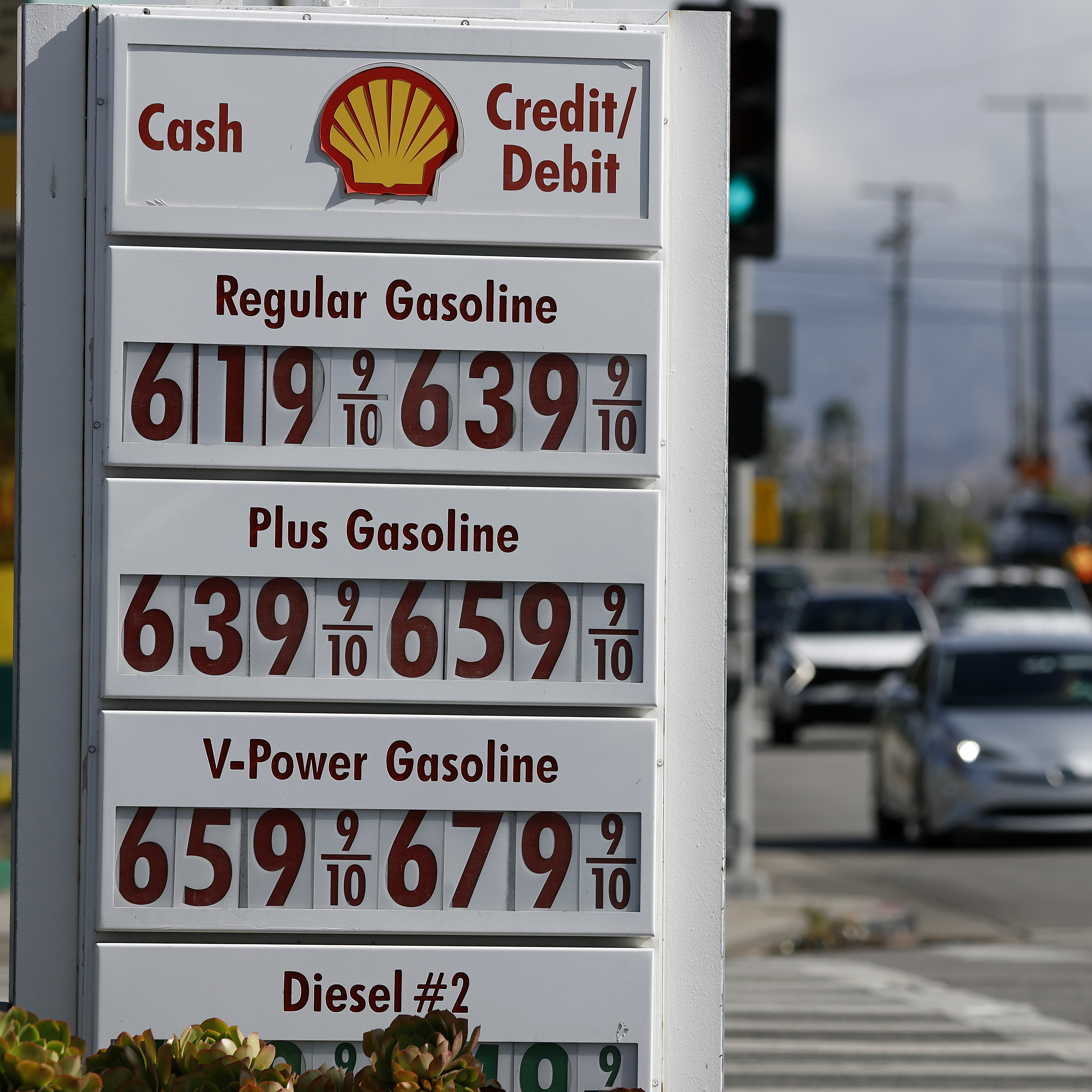 Gas prices over $6 a gallon are displayed at a Shell station on May 04, 2026 in Los Angeles, California.