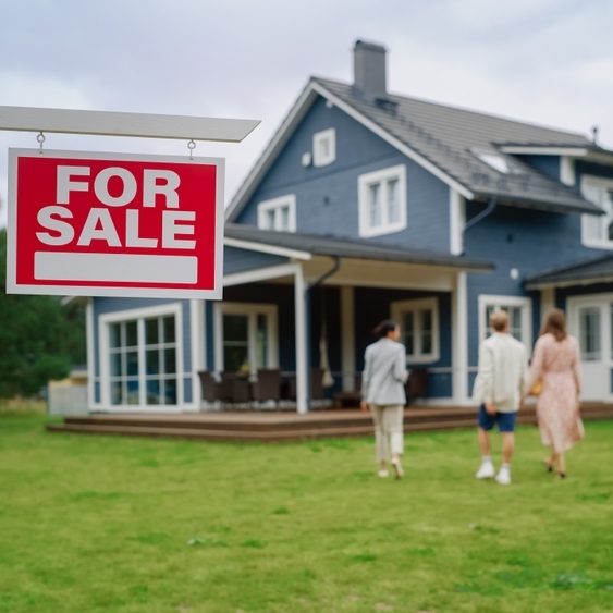 A photo of a house for sale and a couple visiting with a realtor