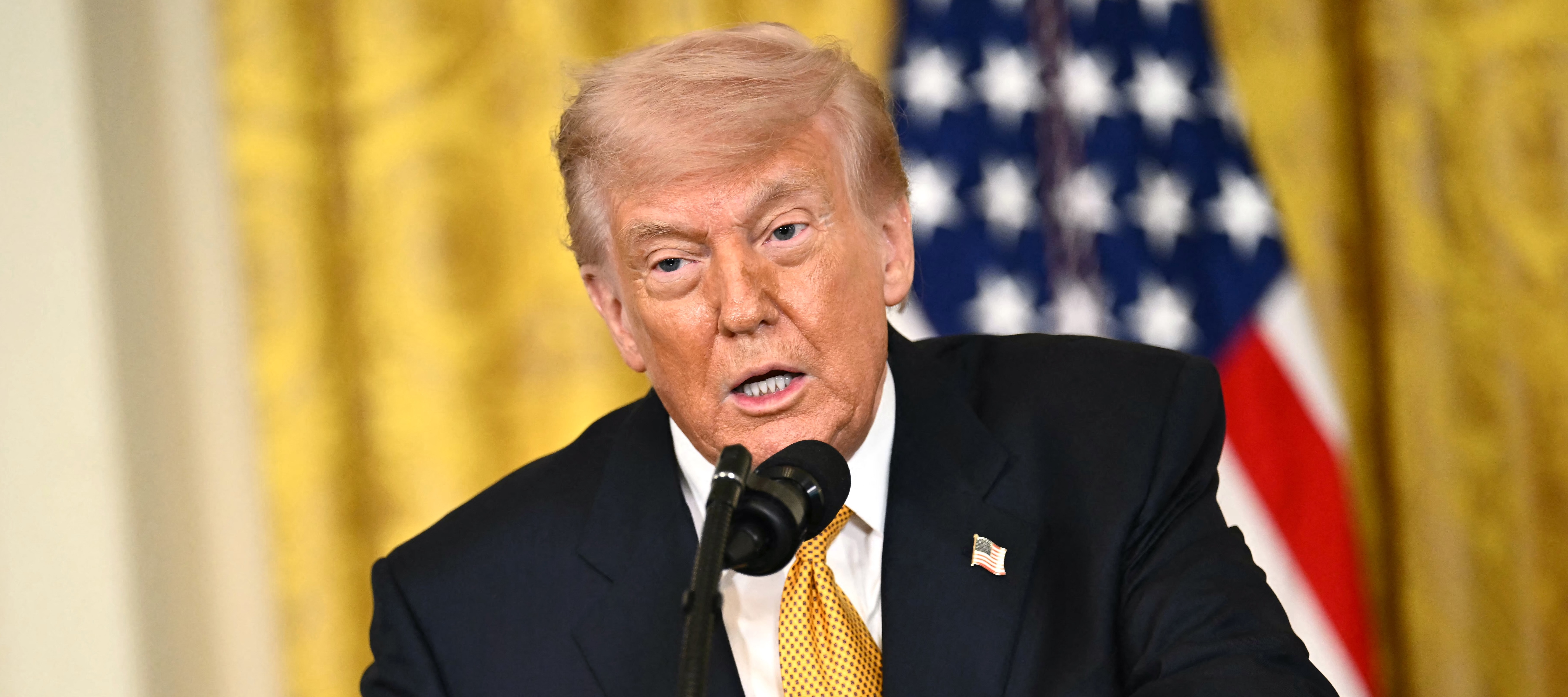 US President Donald Trump speaks during a Military Mother's Day Event in the East Room of the White House.