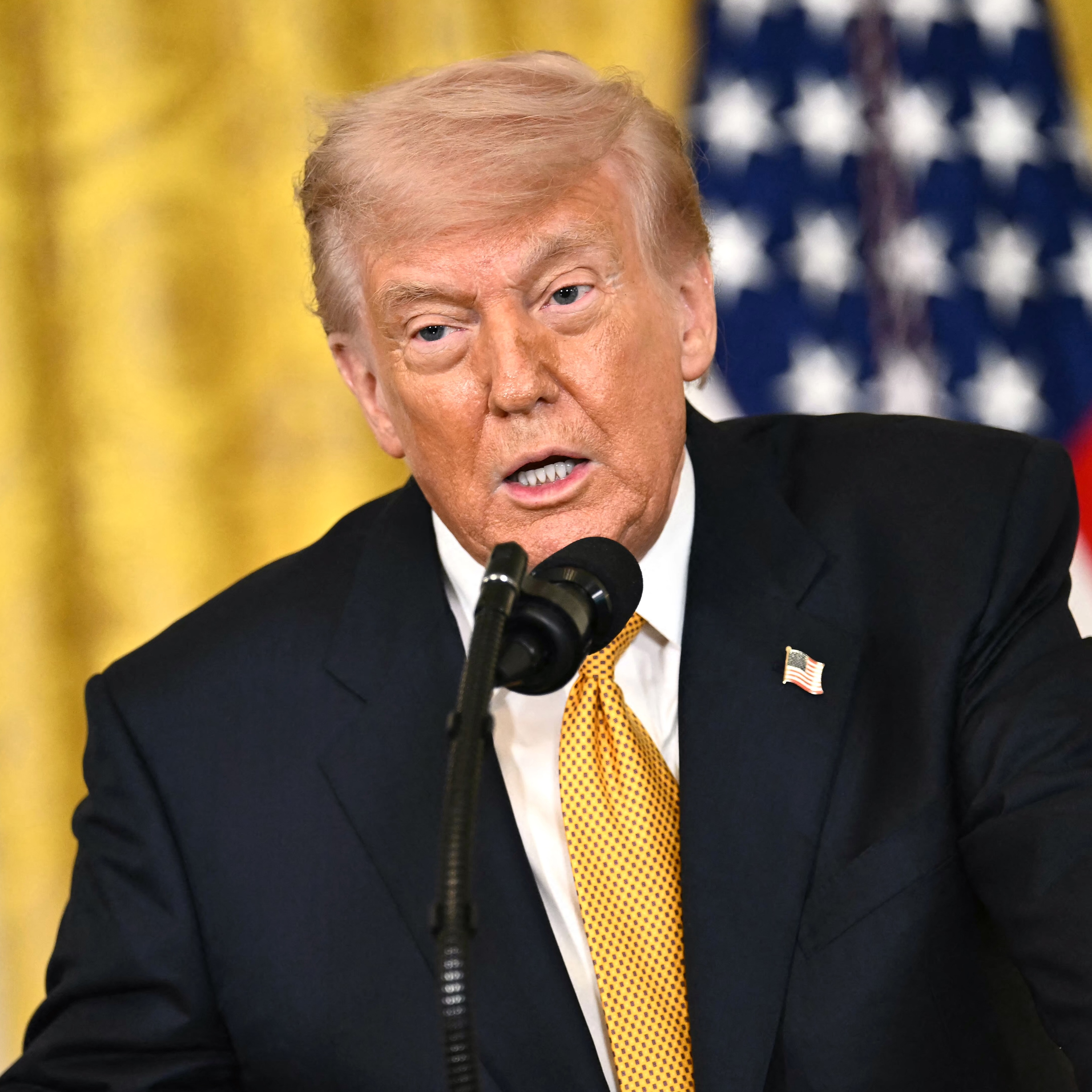 US President Donald Trump speaks during a Military Mother's Day Event in the East Room of the White House.