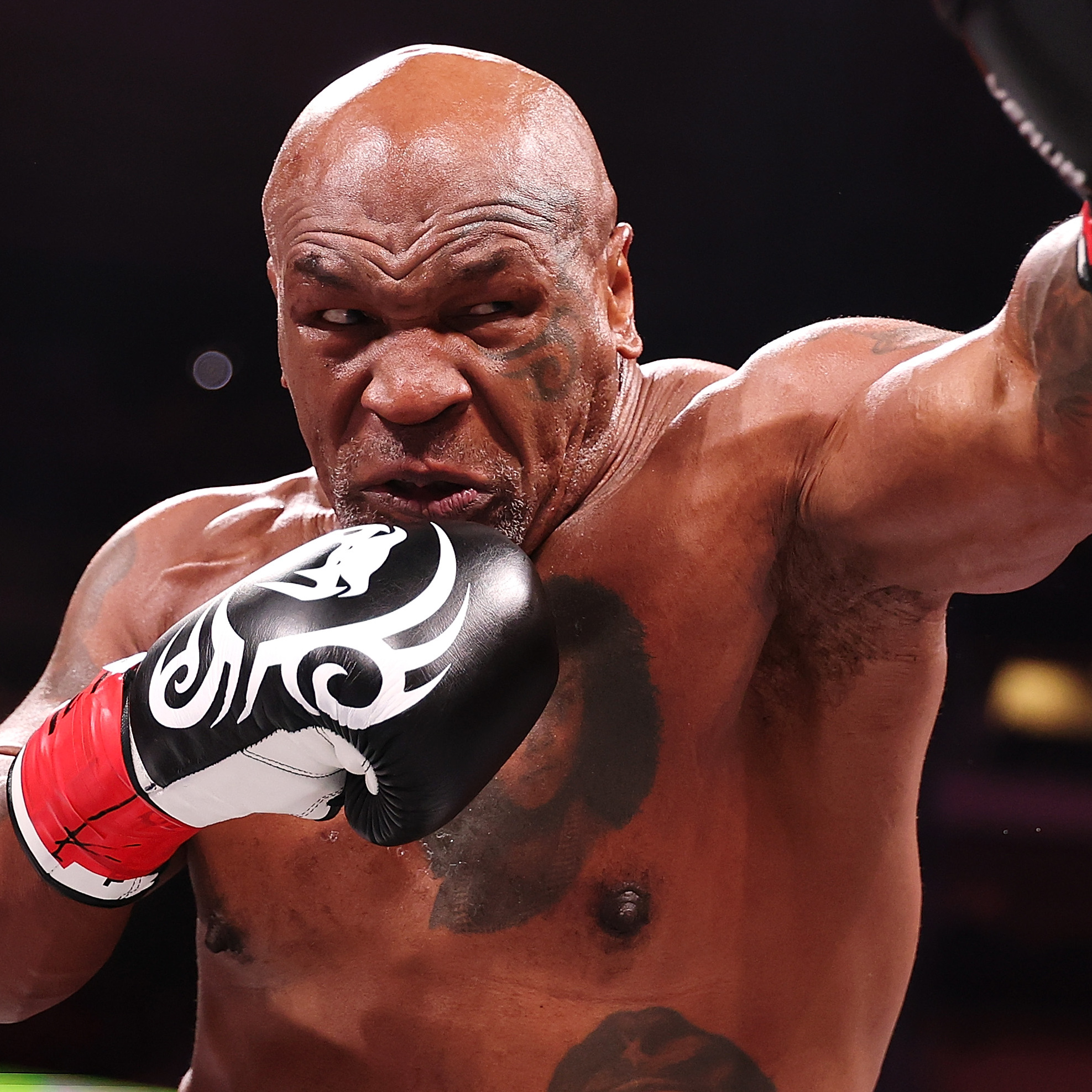 Mike Tyson and Jake Paul are seen fighting during the LIVE on Netflix: Jake Paul vs. Mike Tyson event on November 15, 2024.