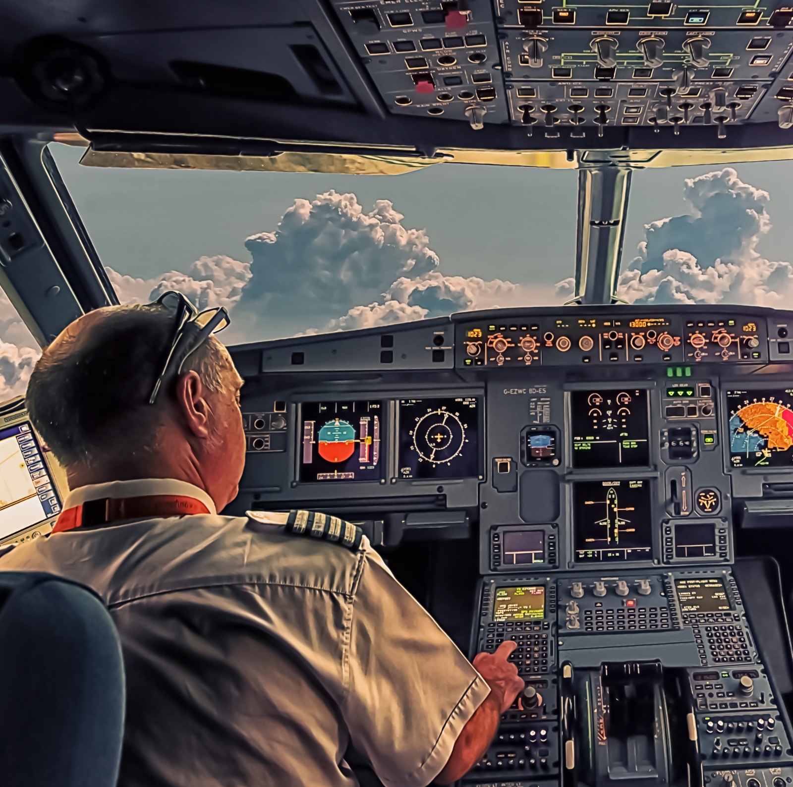 A pilot inside of an airplane flying towards the sun