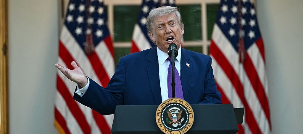 US President Donald Trump speaks during a "Rose Garden Club" dinner in honor of Police Week at the White House in Washington, DC.
