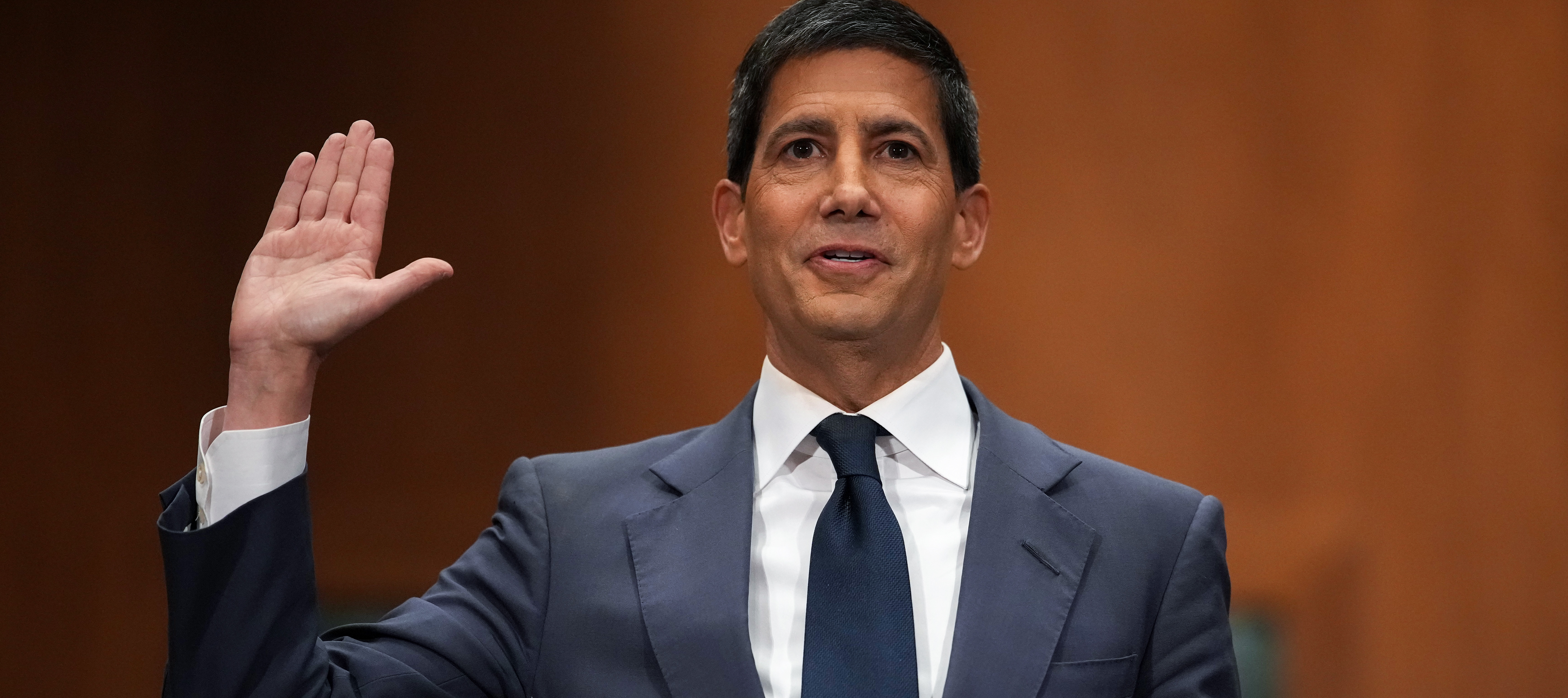 Kevin Warsh is sworn in to testify during his Senate Committee on Banking, Housing, and Urban Affairs confirmation hearing.