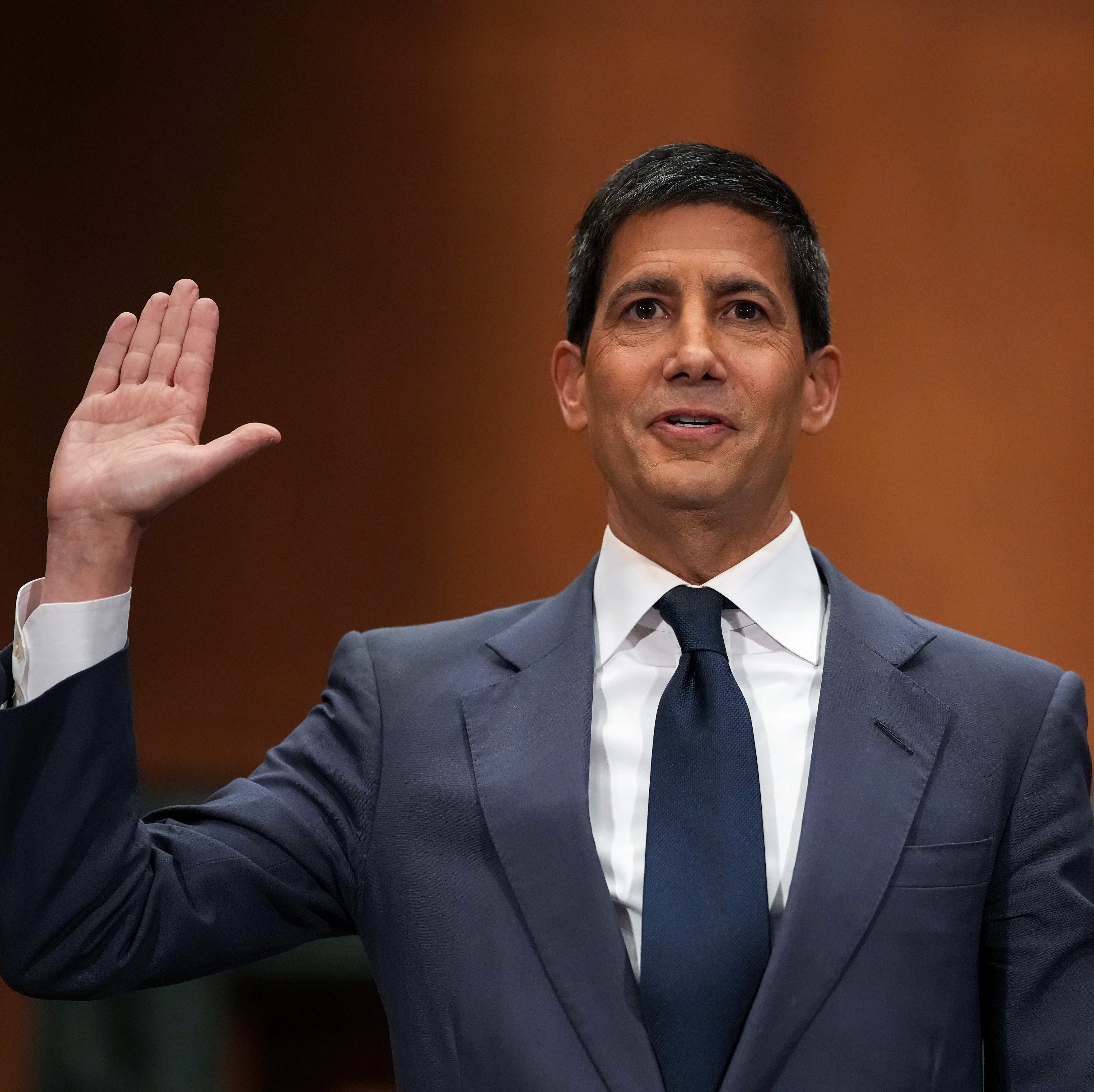 Kevin Warsh is sworn in to testify during his Senate Committee on Banking, Housing, and Urban Affairs confirmation hearing.