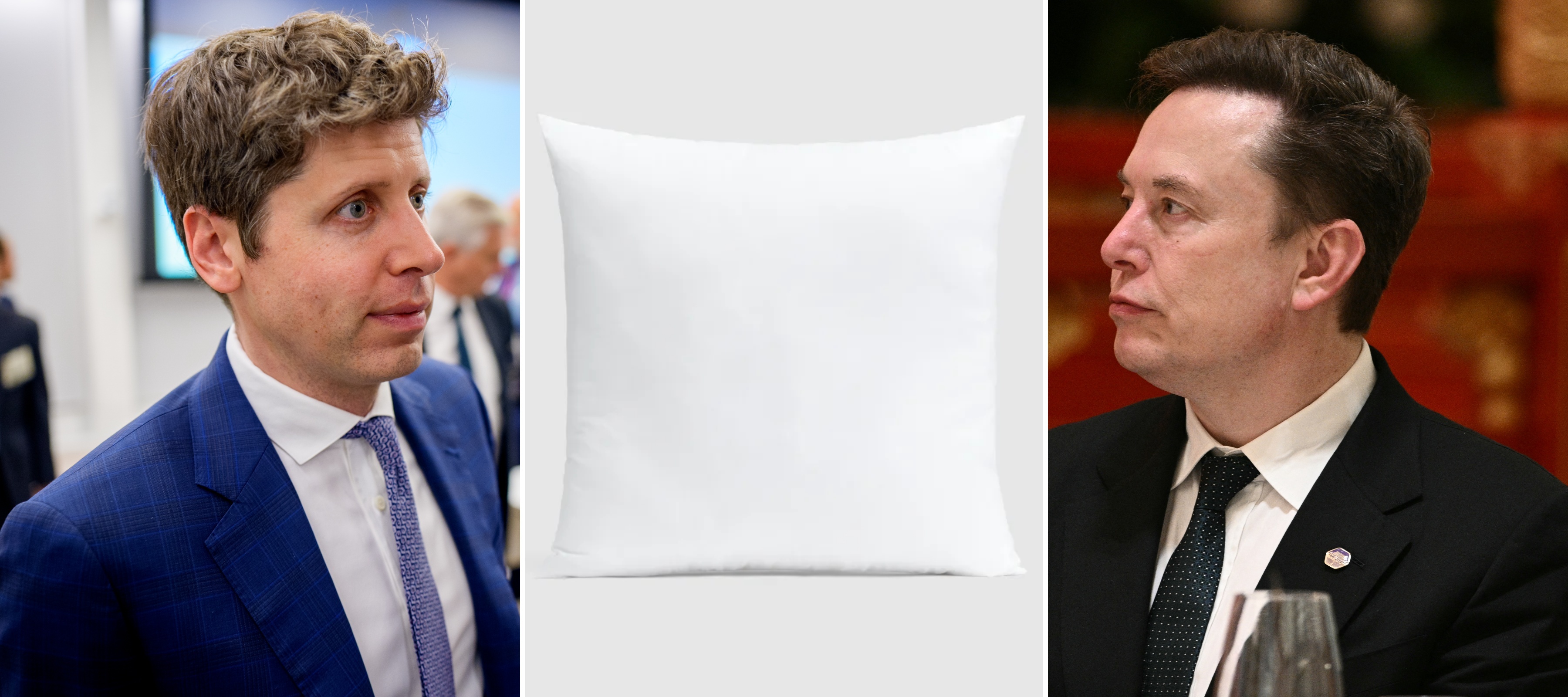 A composite shot of Sam Altman, a pillow and Elon Musk.
