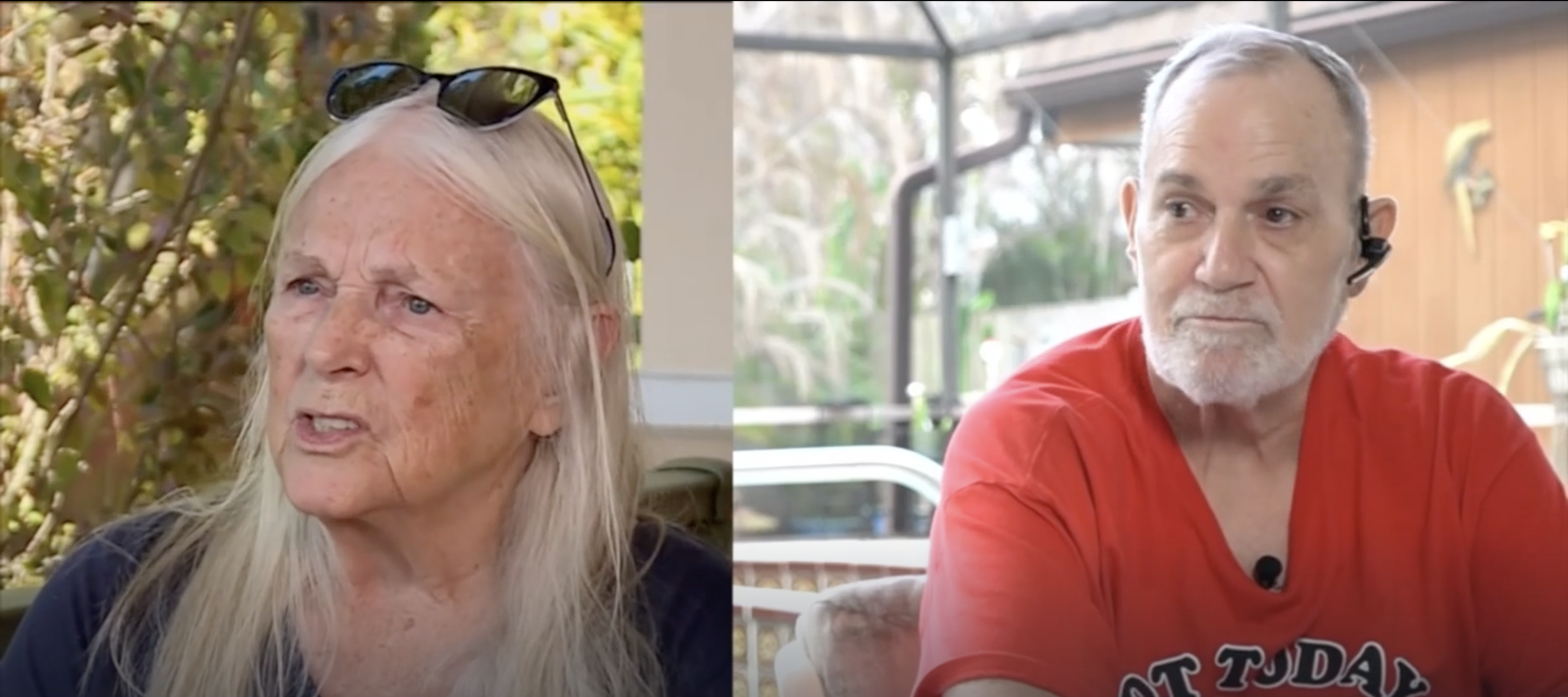 A side-by-side panel of Jane Bibee and Mike Schopp, two Florida residents who are trapped in costly 25-year solar panel loans.