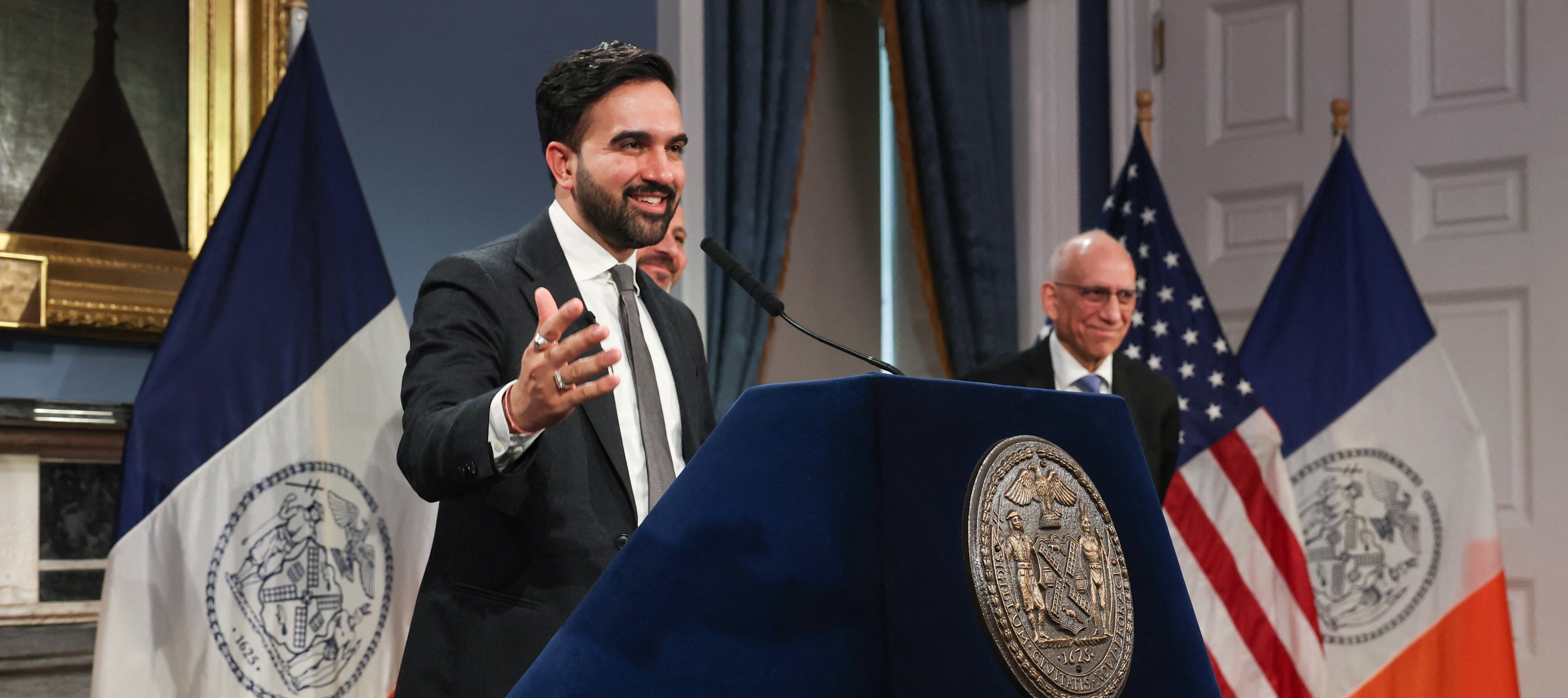 New York City Mayor Zohran Mamdani shares news about the fiscal year 2027 budget at a press conference.