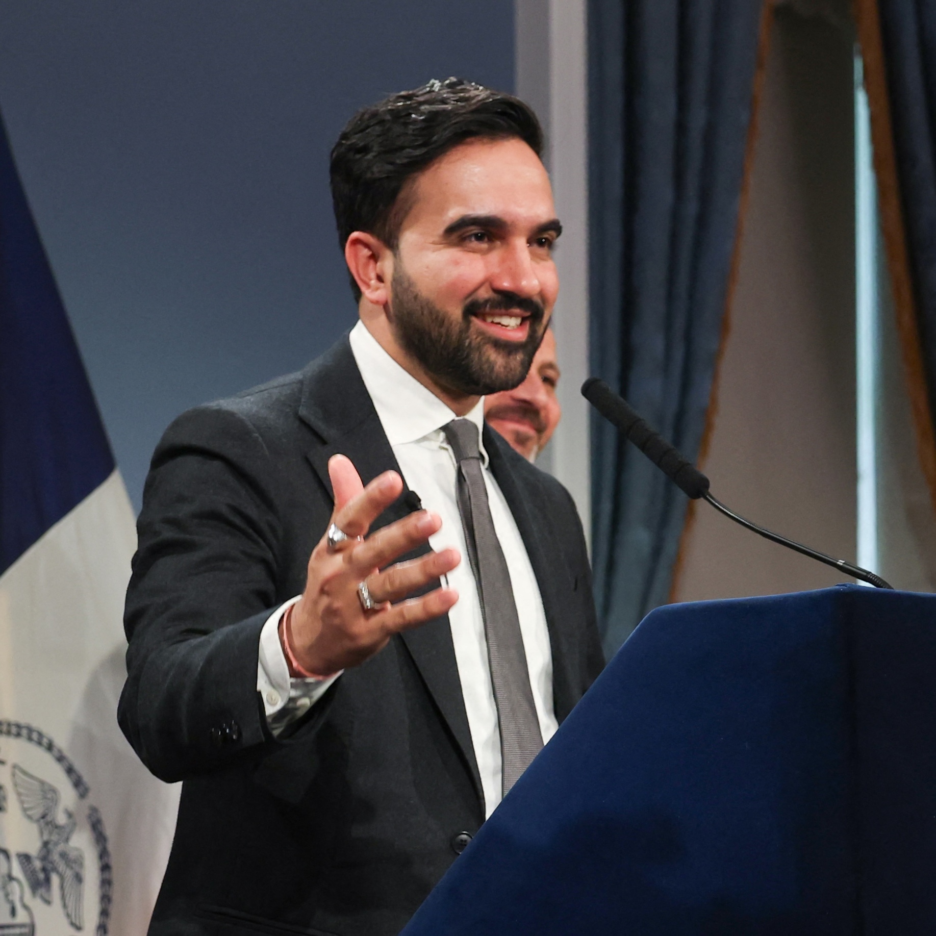 New York City Mayor Zohran Mamdani shares news about the fiscal year 2027 budget at a press conference.
