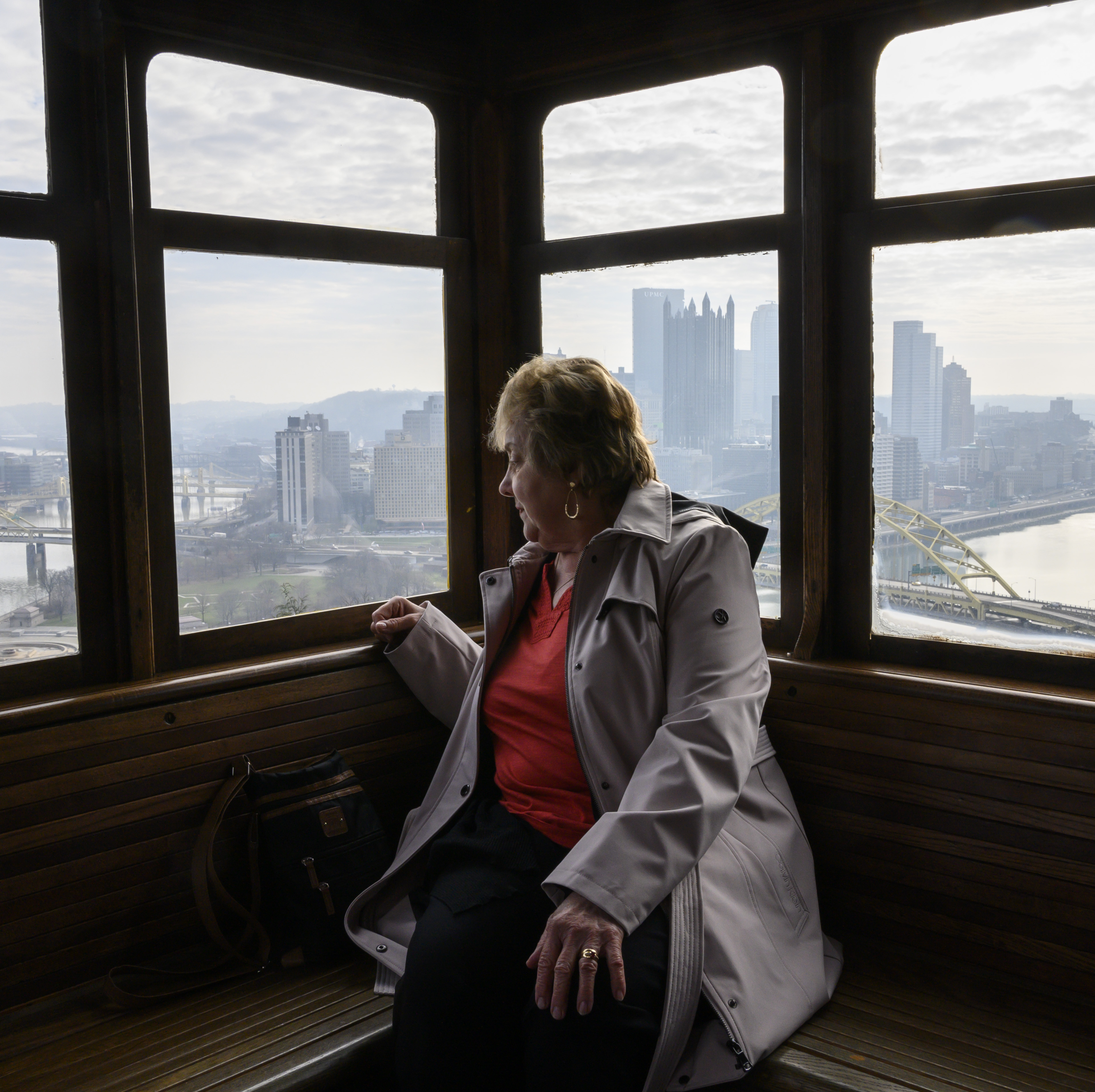 A woman rides the Duquesne Incline from Pittsburgh's Mt. Washington neighborhood.