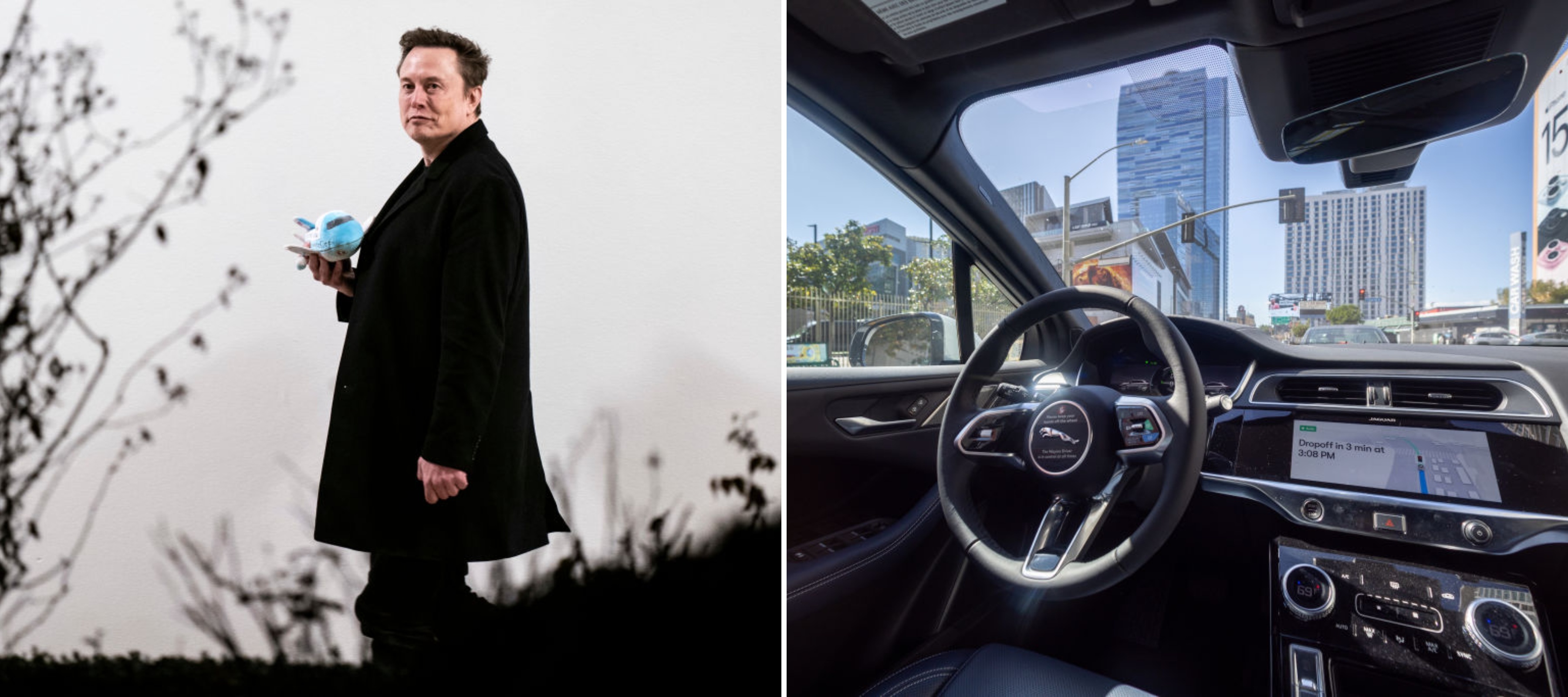 Photo of Elon Musk and a self-driving taxi