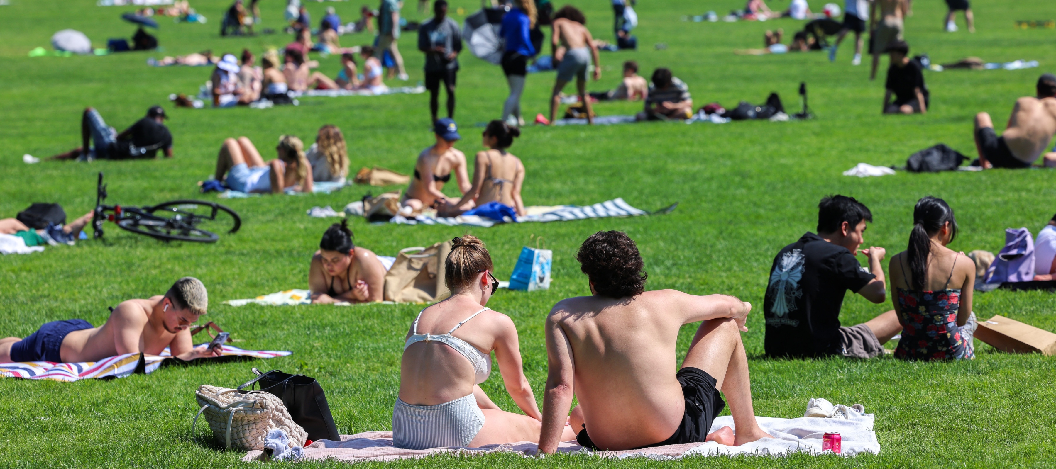 Couples sunbathe on blankets on a sunny day in Central Park in New York City
