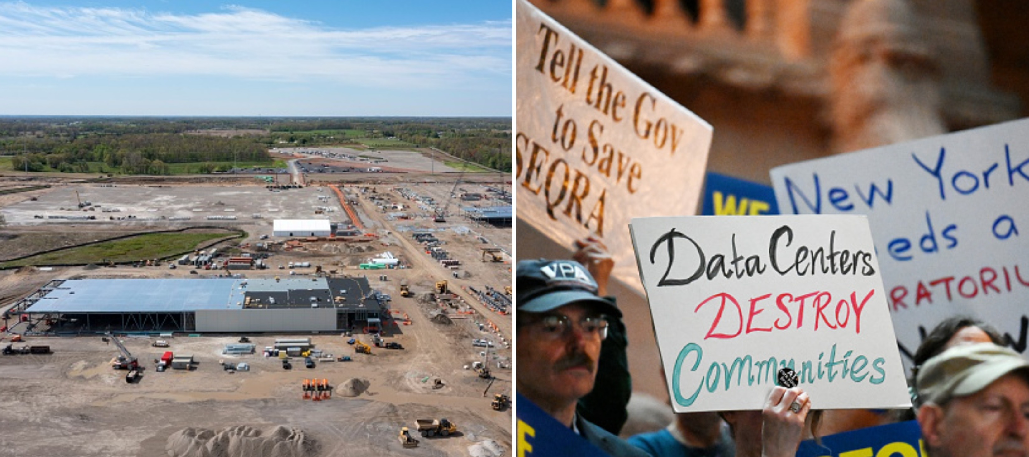 Left: Construction of a data center in Saline, Michigan Right: Protest against data centers in Albany, New York