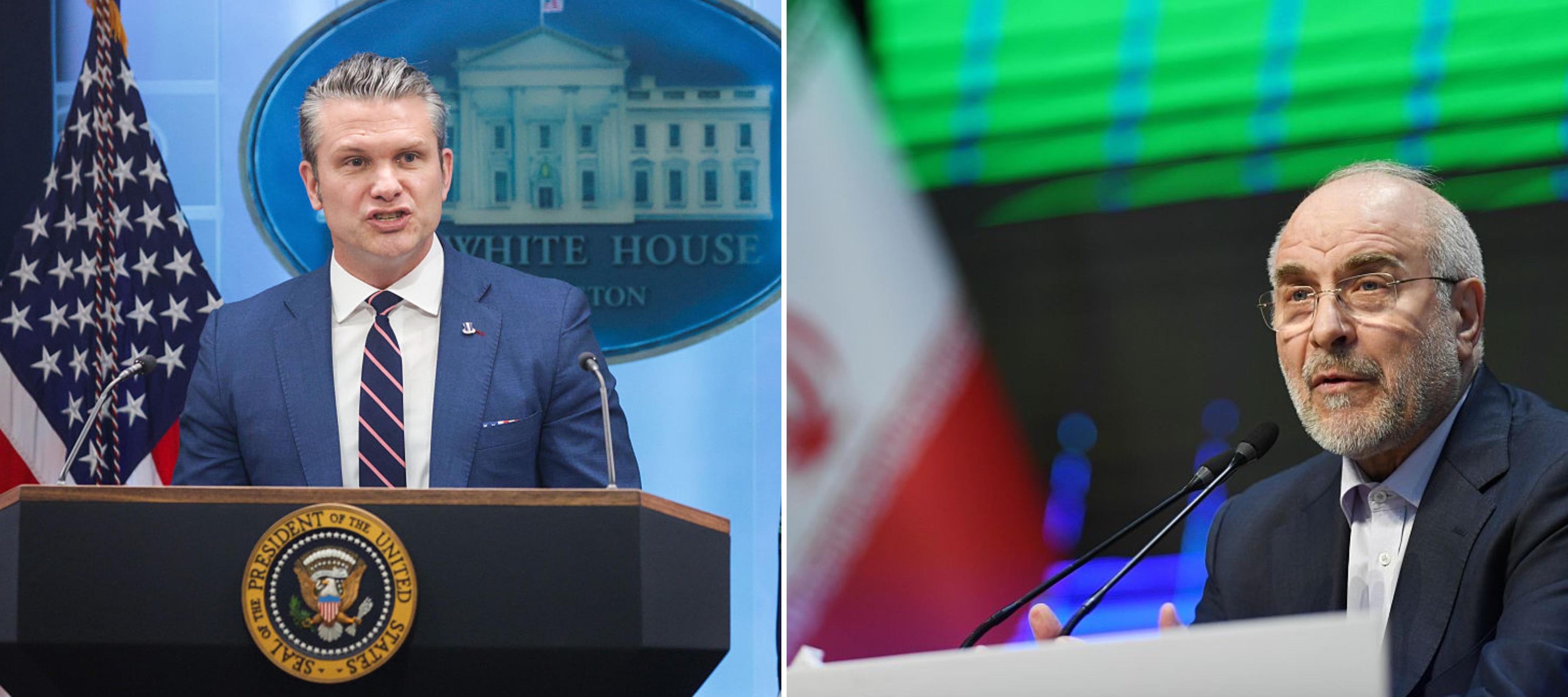 U.S. Secretary of War Pete Hegseth speaks at the White House / Iranian Parliament Speaker Mohammad Bagher Ghalibaf at a press conference in Iran.