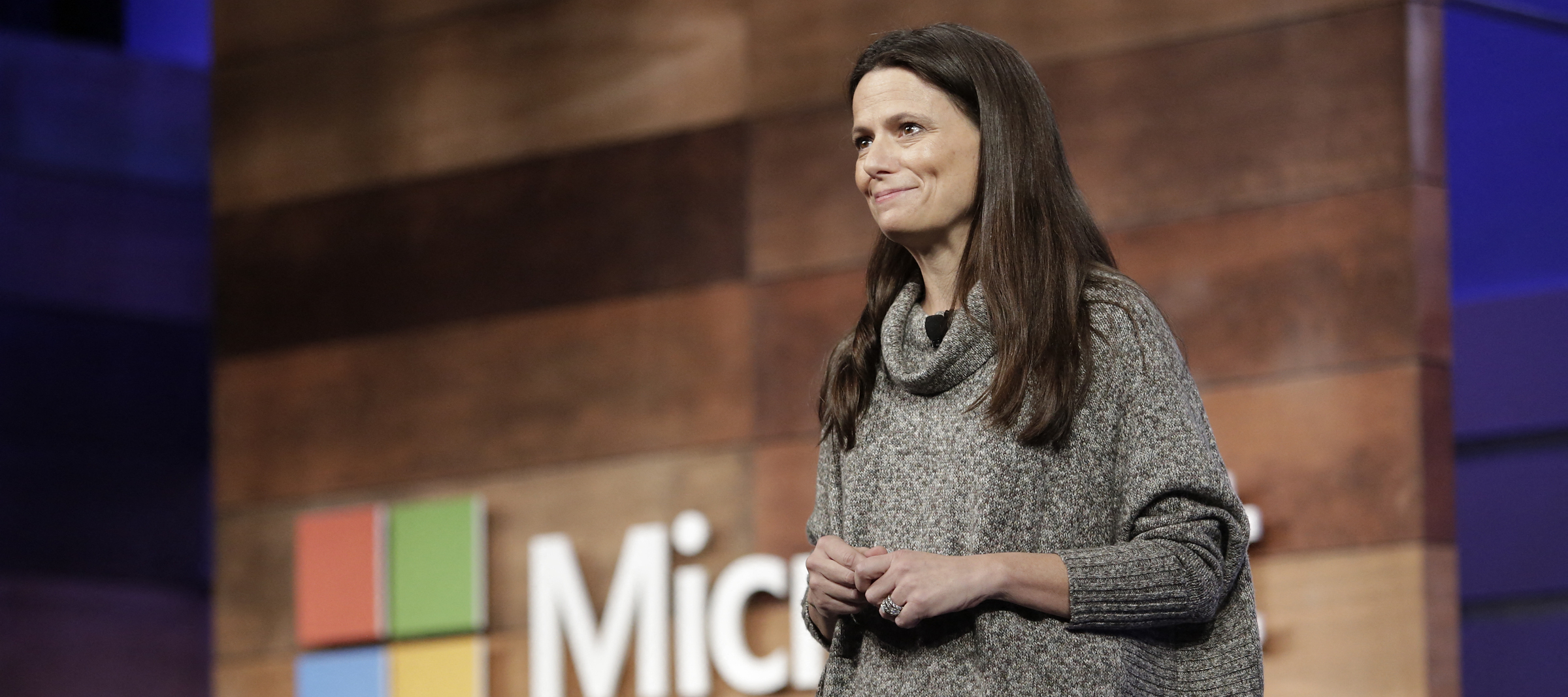Amy Hood speaking at a Microsoft shareholders event in 2017.