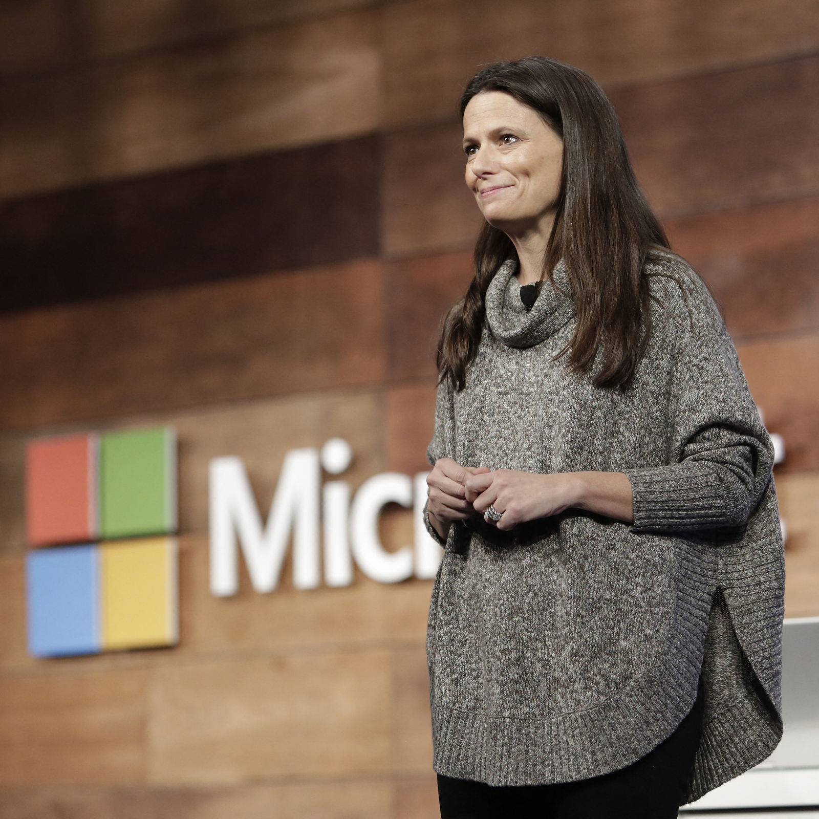 Amy Hood speaking at a Microsoft shareholders event in 2017.