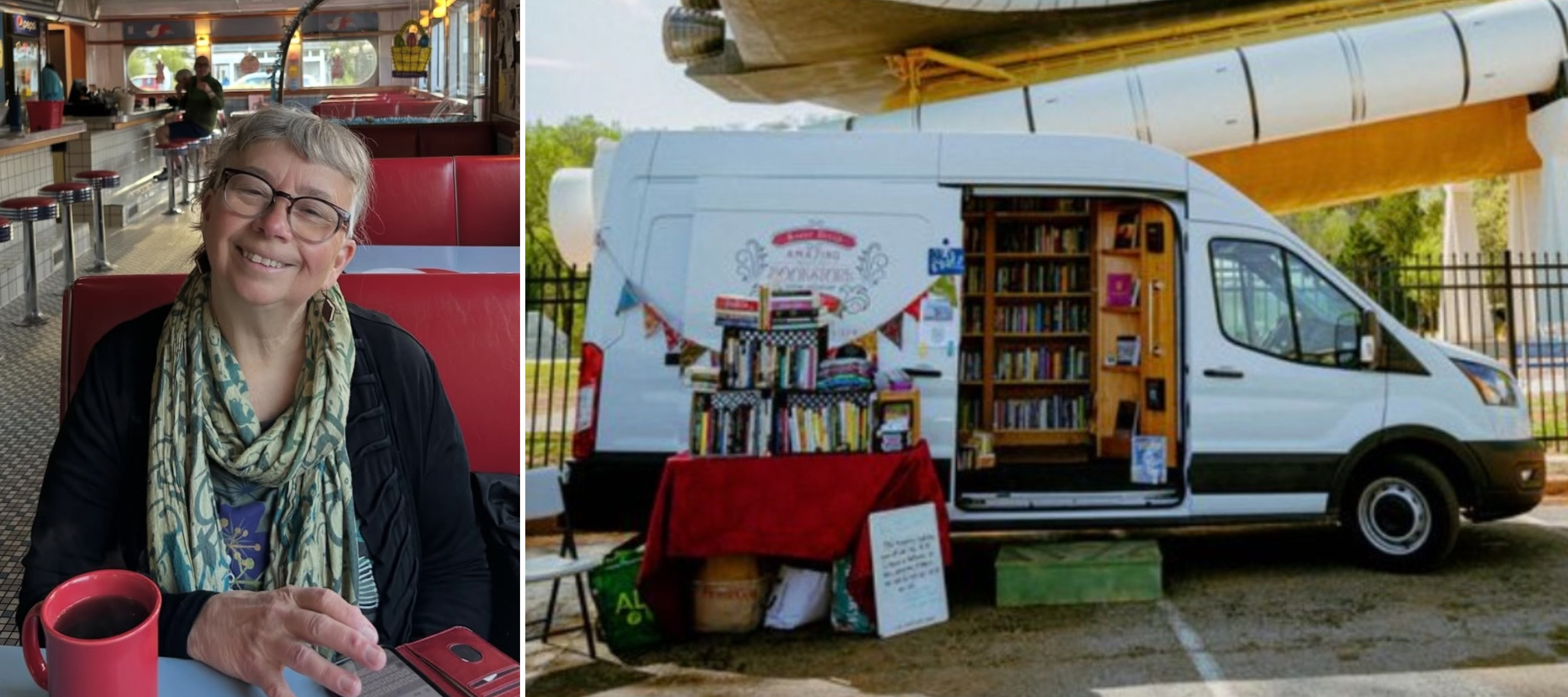 A side by side image of Rita Collins in a restaurant alongside a photo of her van that she operates as a traveling bookstore.