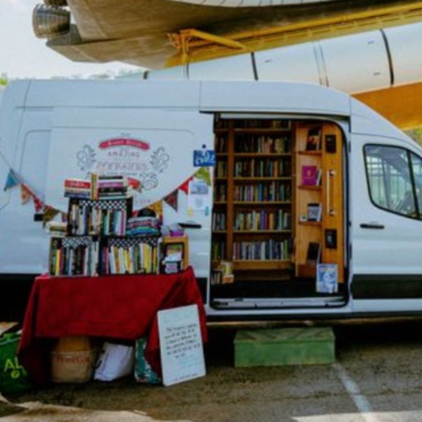 A side by side image of Rita Collins in a restaurant alongside a photo of her van that she operates as a traveling bookstore.