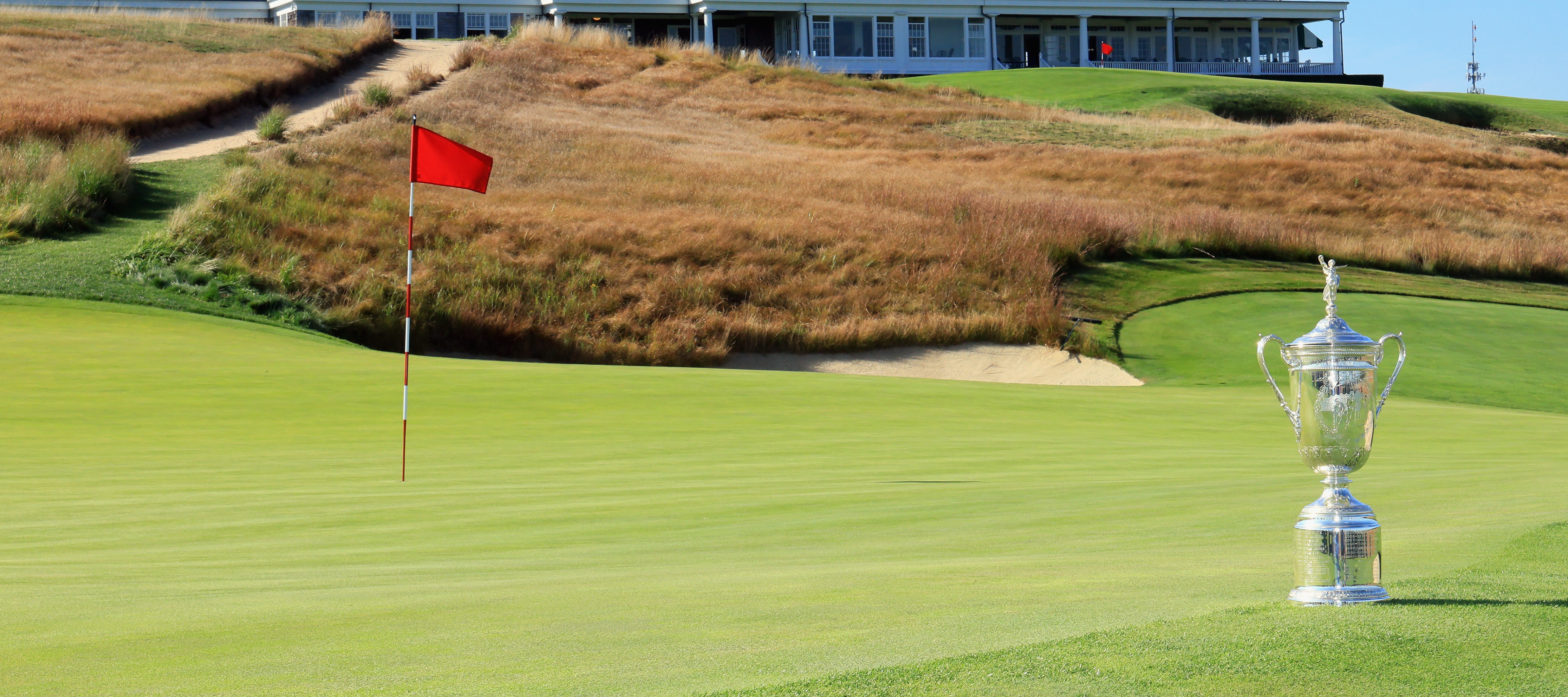 A general view of the U.S. Open Championship Trophy on the golf course at Shinnecock Hills Golf Club on September 15, 2025 in Southampton, New York.
