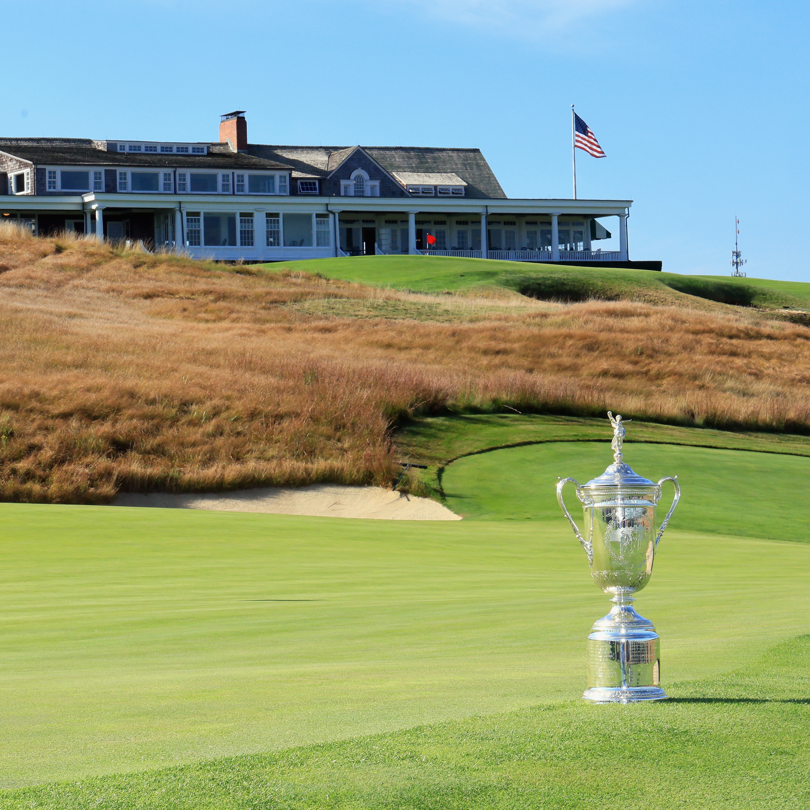 A general view of the U.S. Open Championship Trophy on the golf course at Shinnecock Hills Golf Club on September 15, 2025 in Southampton, New York.