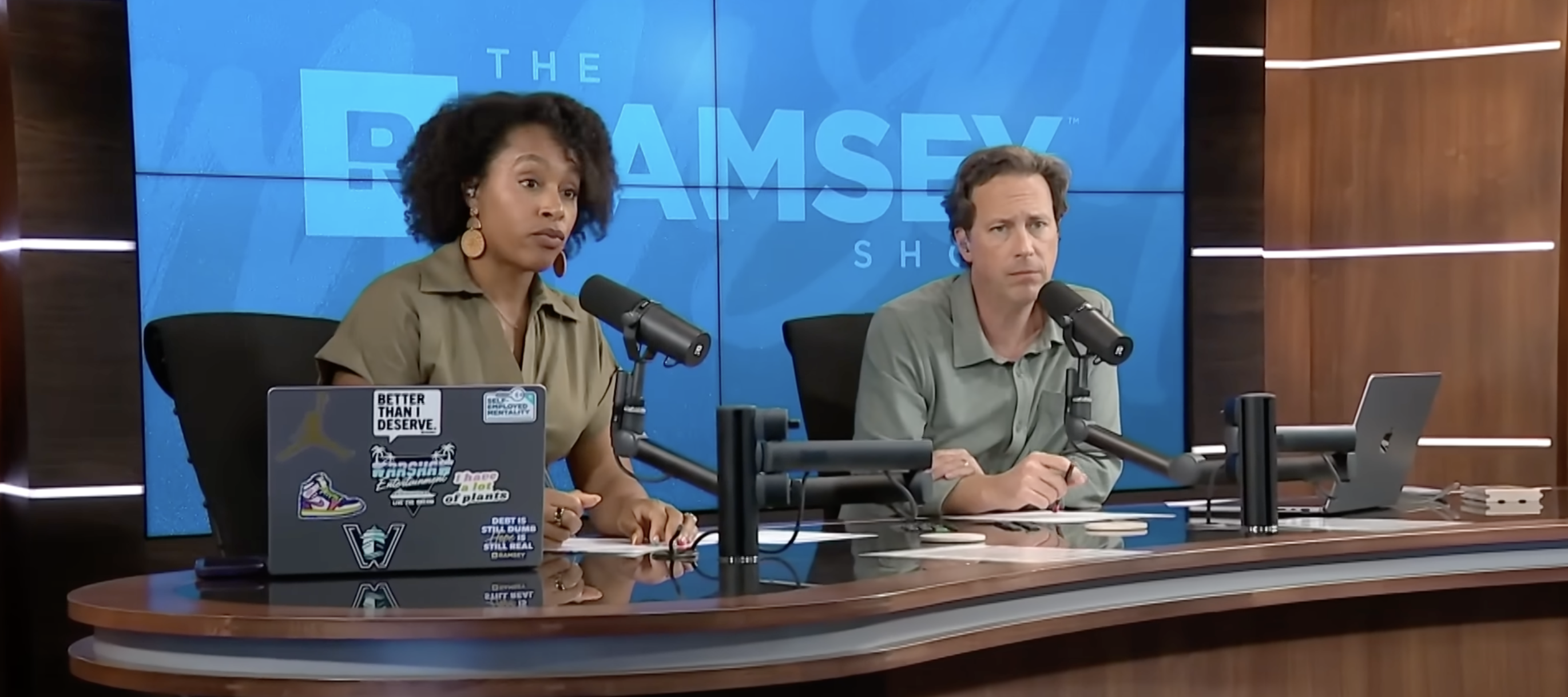 The Ramsey Show cohosts reacting to a caller's financial predicament.