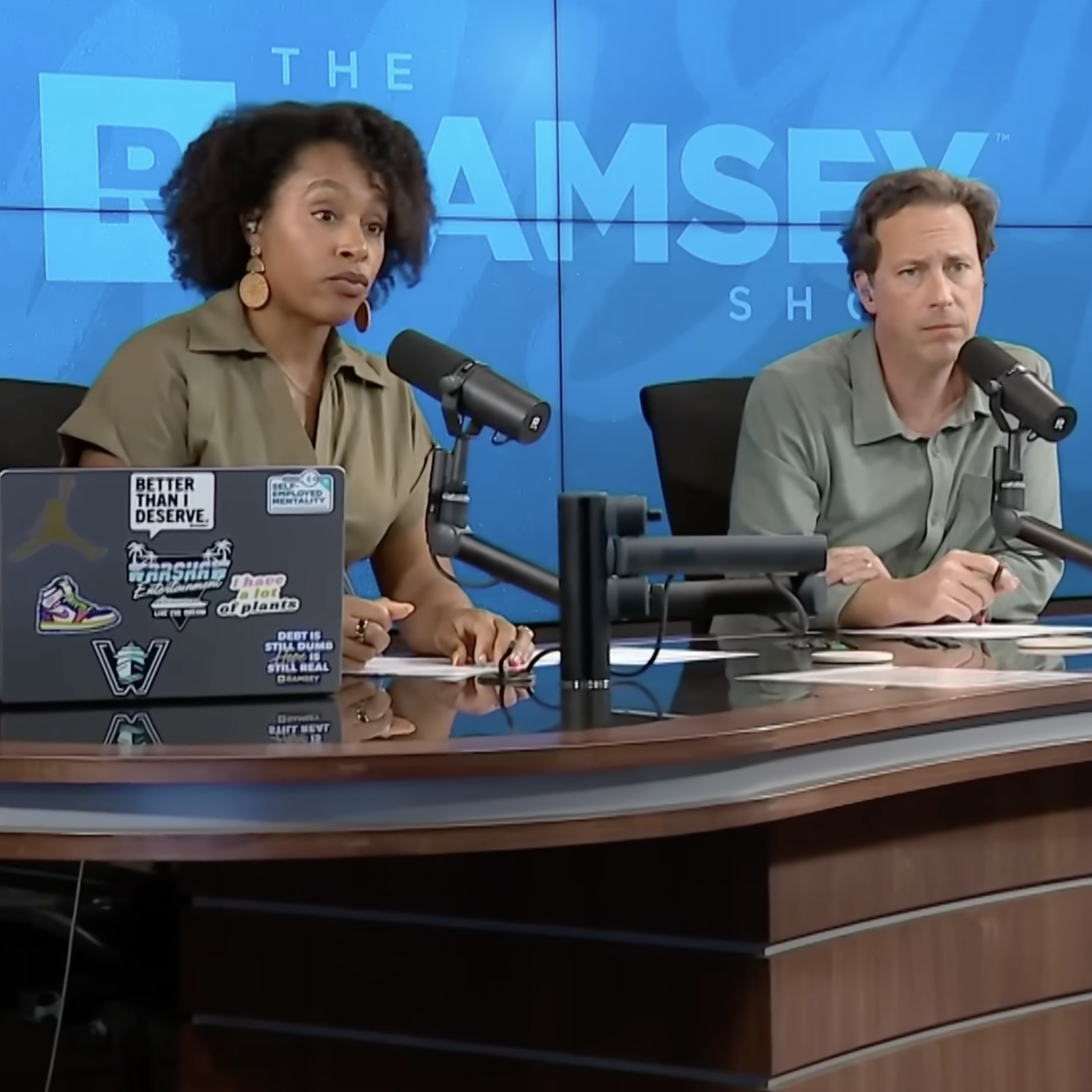 The Ramsey Show cohosts reacting to a caller's financial predicament.