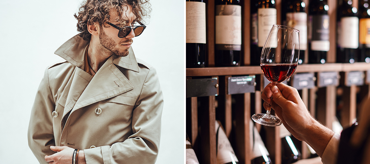 A two-column photo with a suspicious man in a trench coat on the left, and a sommelier taste-testing a vintage.