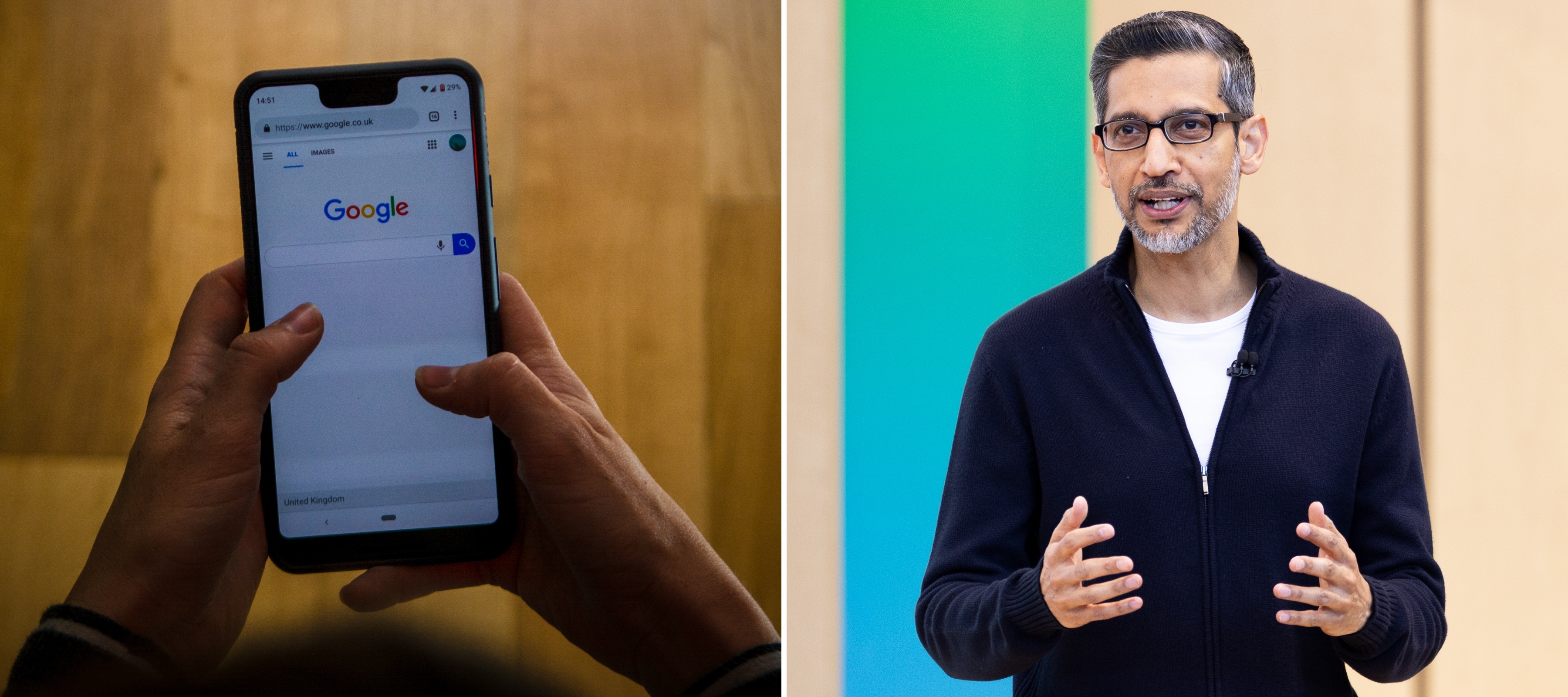 An image of a Google search bar and Google CEO Sundar Pichai speaking at Google I/O in May 2026.