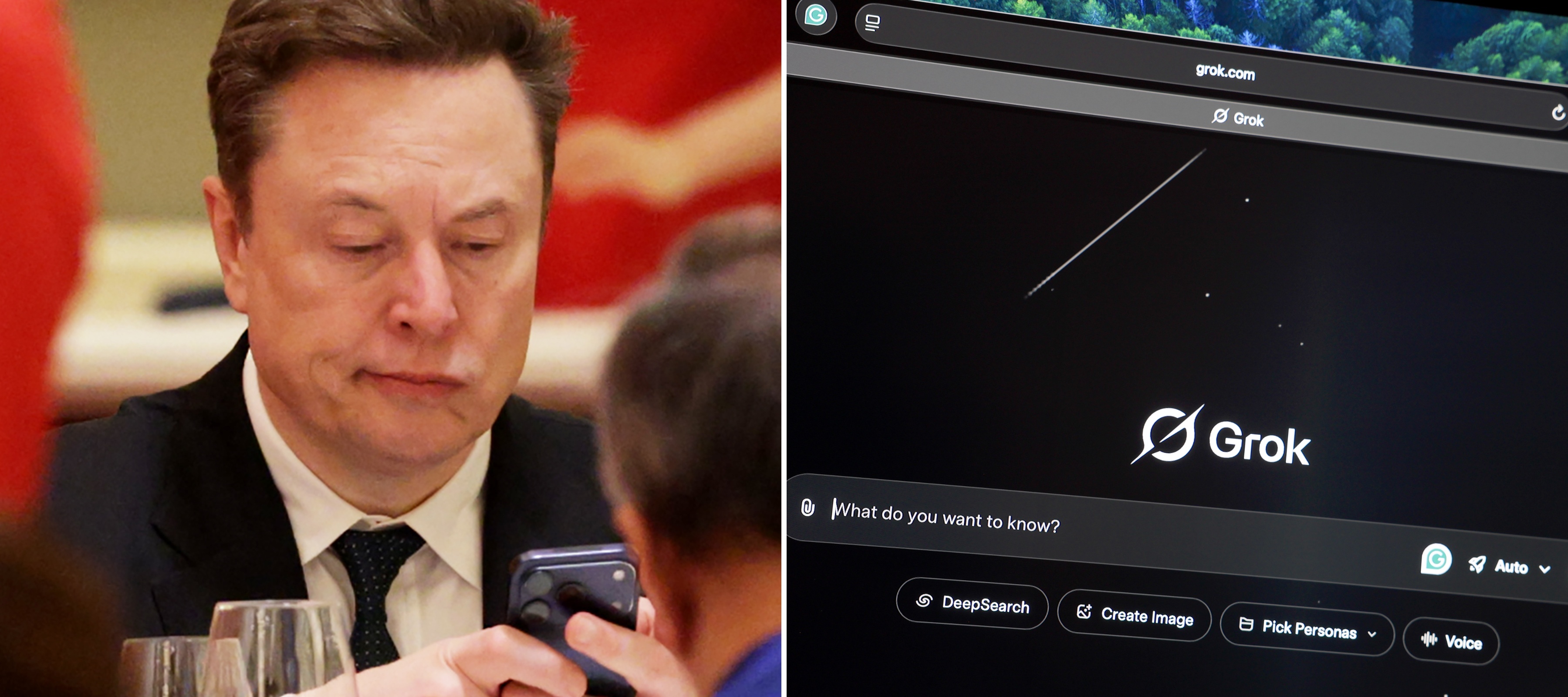 A composite shot of Elon Musk a state banquet hosted by Chinese President Xi Jinping and an unrelated image of the Grok website seen on a computer screen.